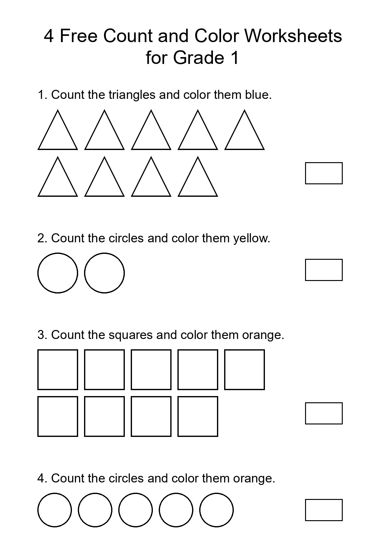 4 Free Count and Color Worksheets for Grade 1