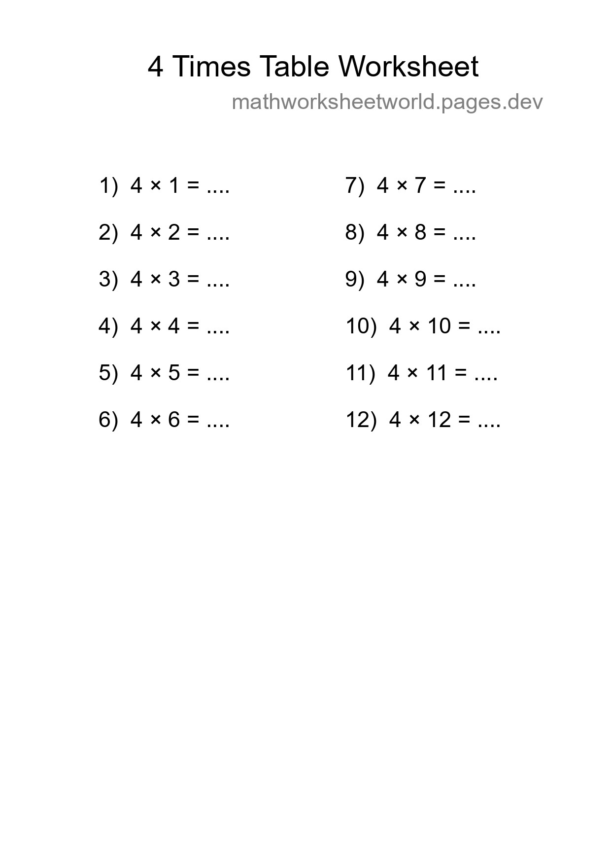 4 Times Table Worksheet For Grade 2 - Part 79