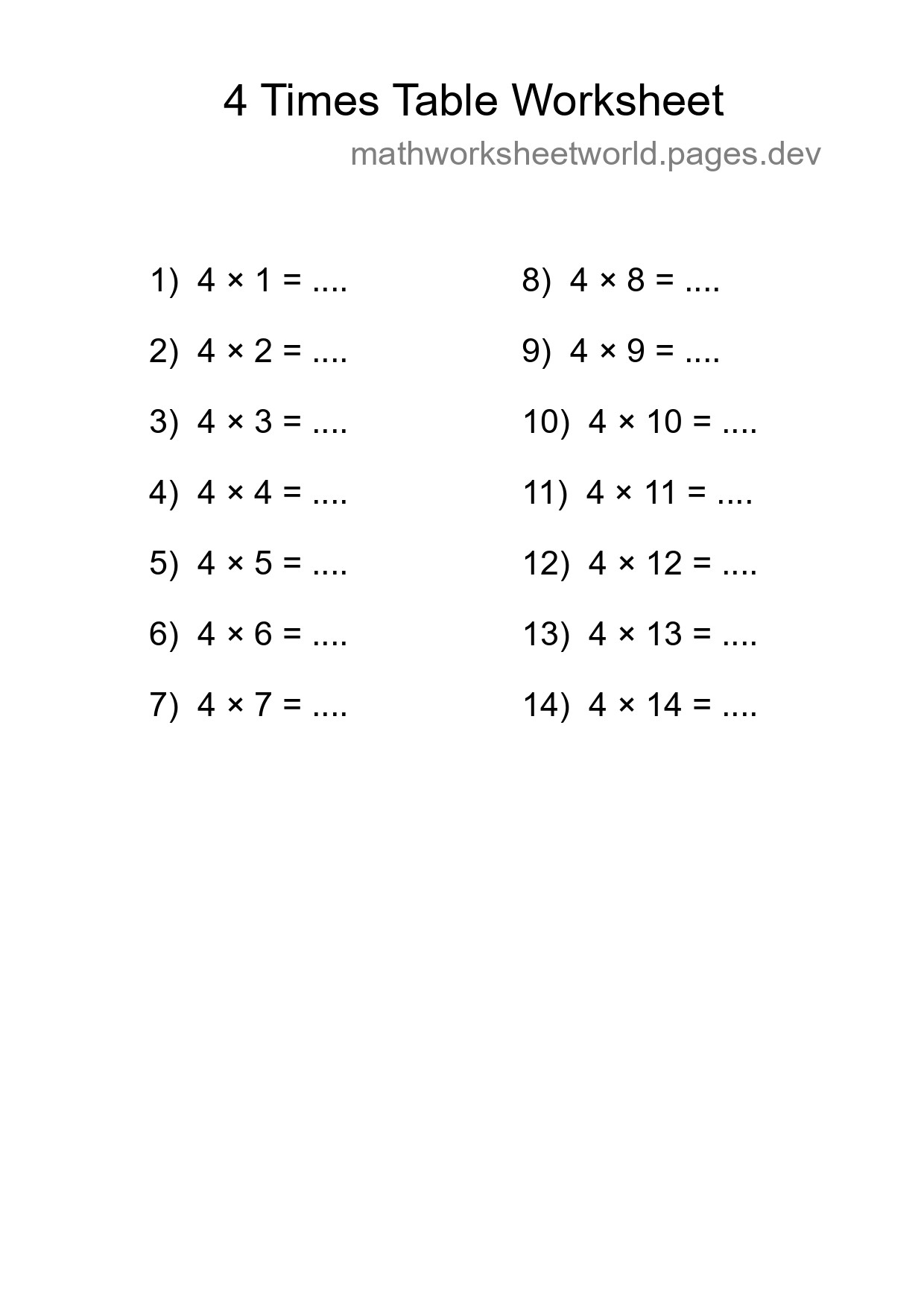 4 Times Table Worksheet For Grade 2 With Answers - Part 289