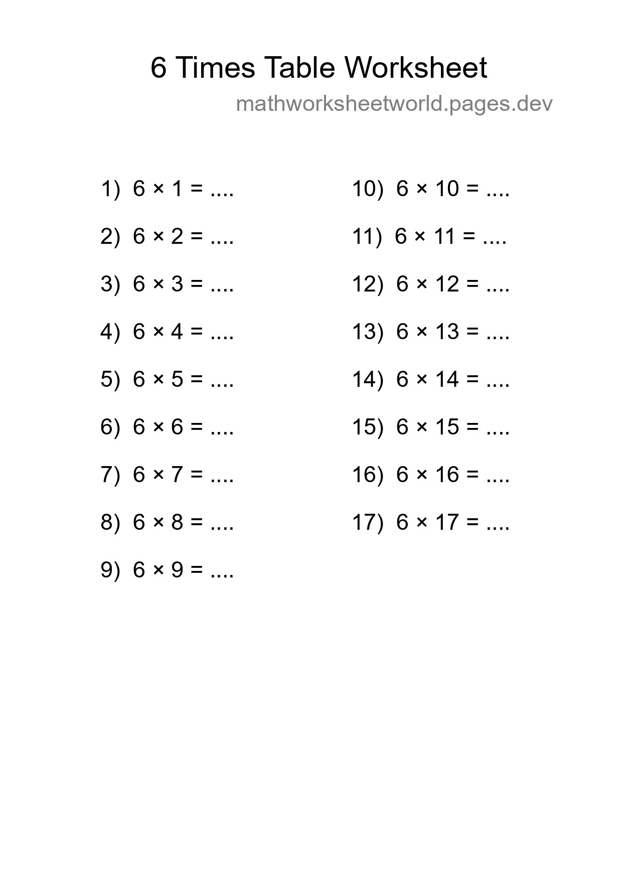6 Times Table Worksheet For Grade 3 With Answers - Part 89