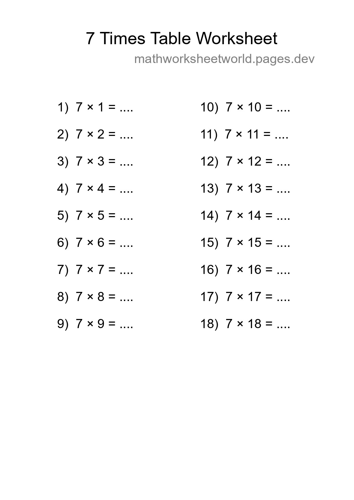 7 Times Table Worksheet For Grade 3 - Part 199