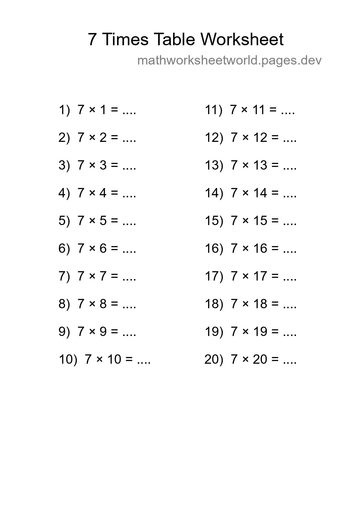 7 Times Table Worksheet For Grade 3 - Part 299