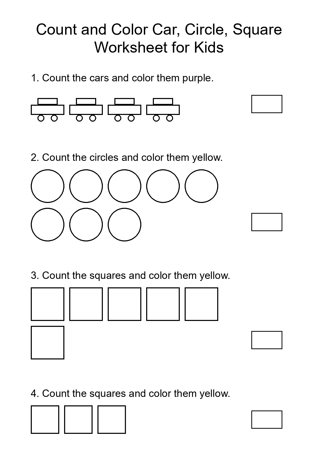 Count and Color Car, Circle, Square Worksheet for Kids