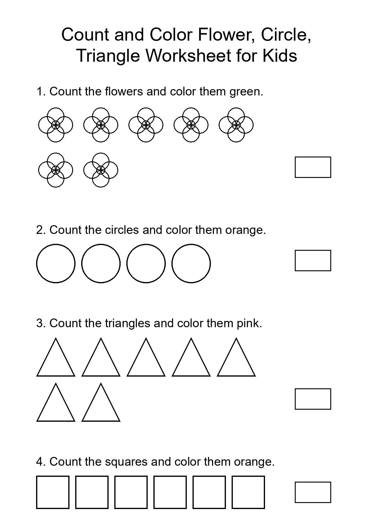 Count and Color Flower, Circle, Triangle Worksheet for Kids