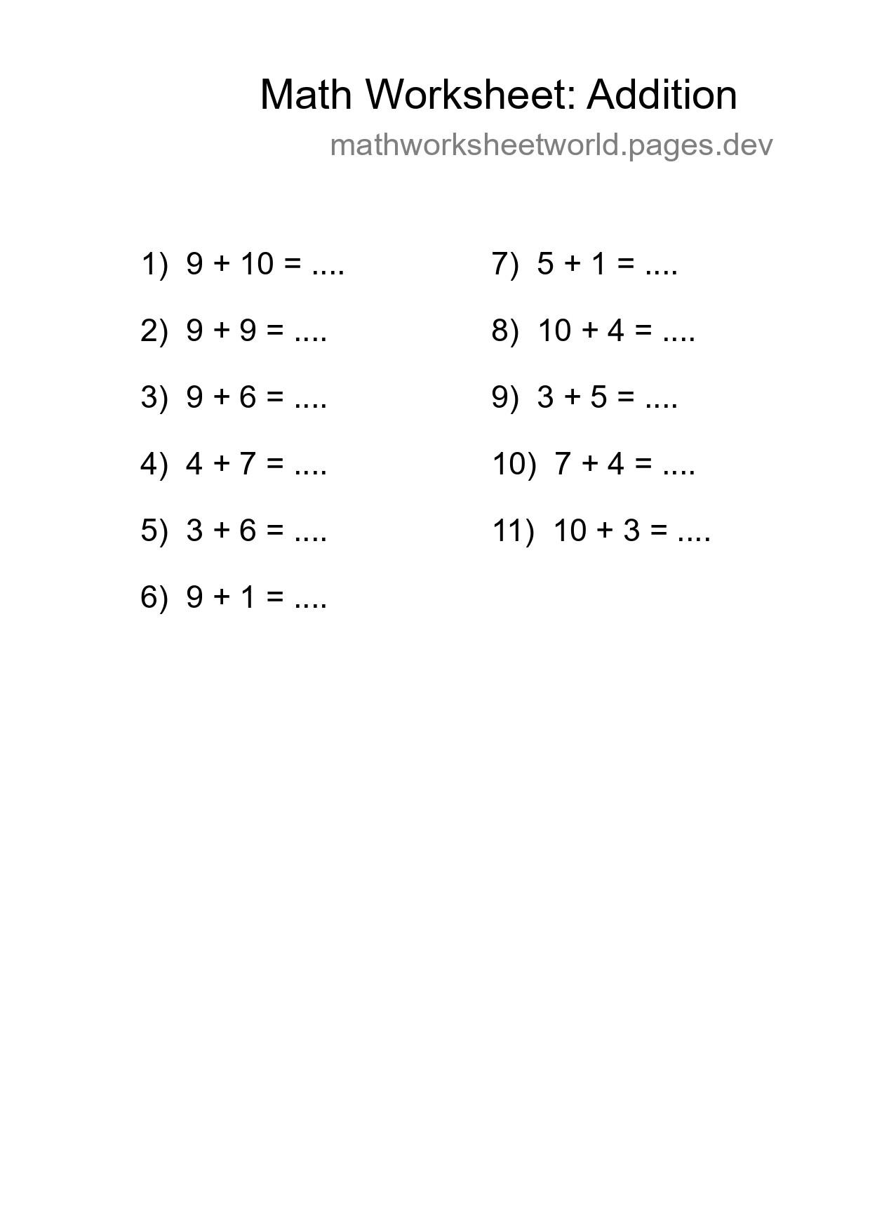Free 11 Addition Math Worksheet For Grade 1 - Part 171