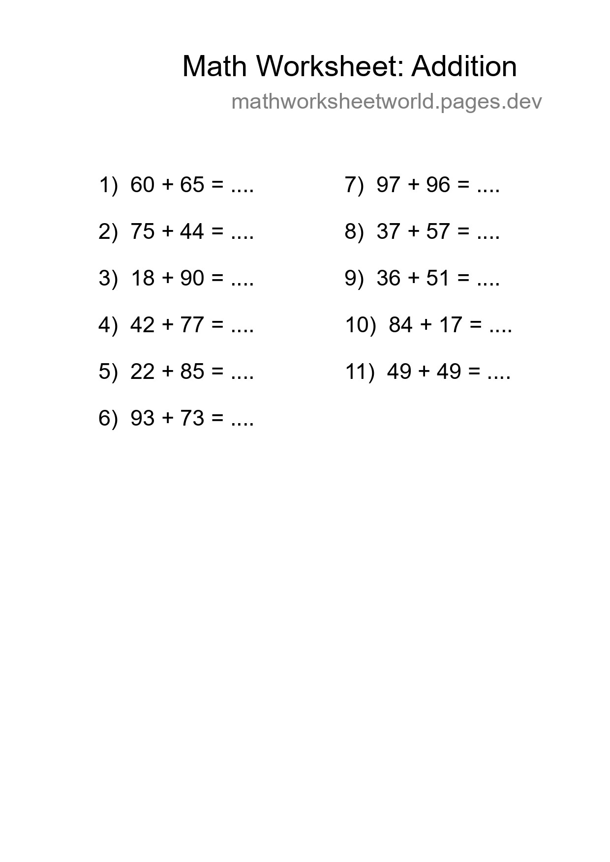 Free 11 Addition Math Worksheet For Grade 3 With Answers - Part 221