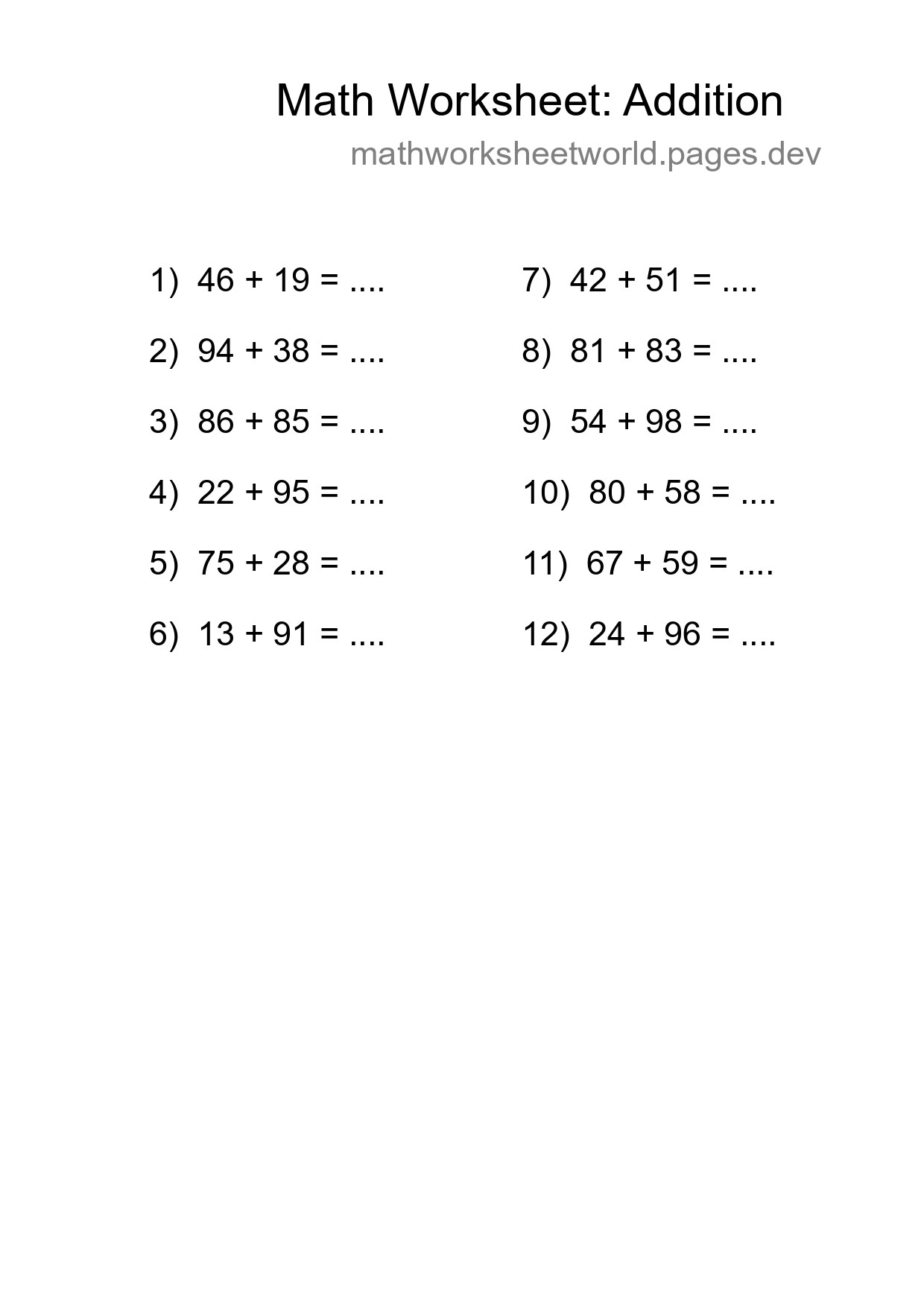 Free 12 Addition Math Worksheet For Grade 3