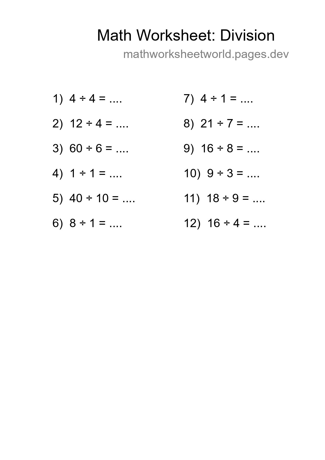 Free 12 Division Math Worksheet For Grade 1 With Answers - Part 244