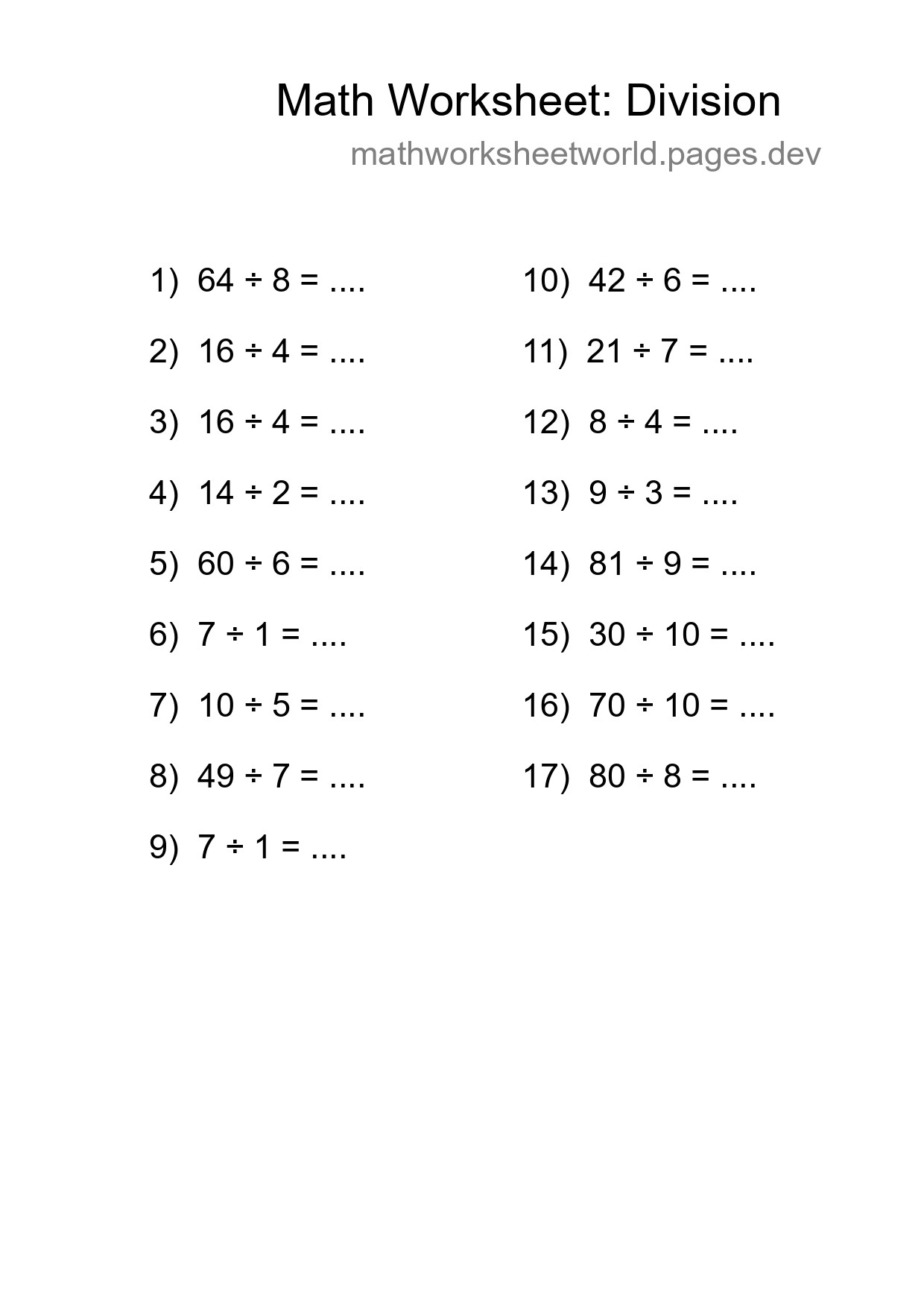 Free 17 Division Math Worksheet For Grade 1 With Answers - Part 134
