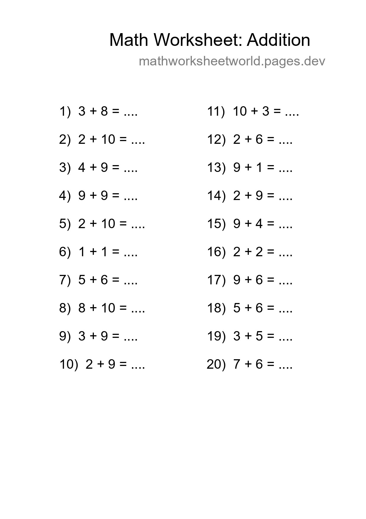 Free 20 Addition Math Worksheet For Grade 1 With Answers - Part 11