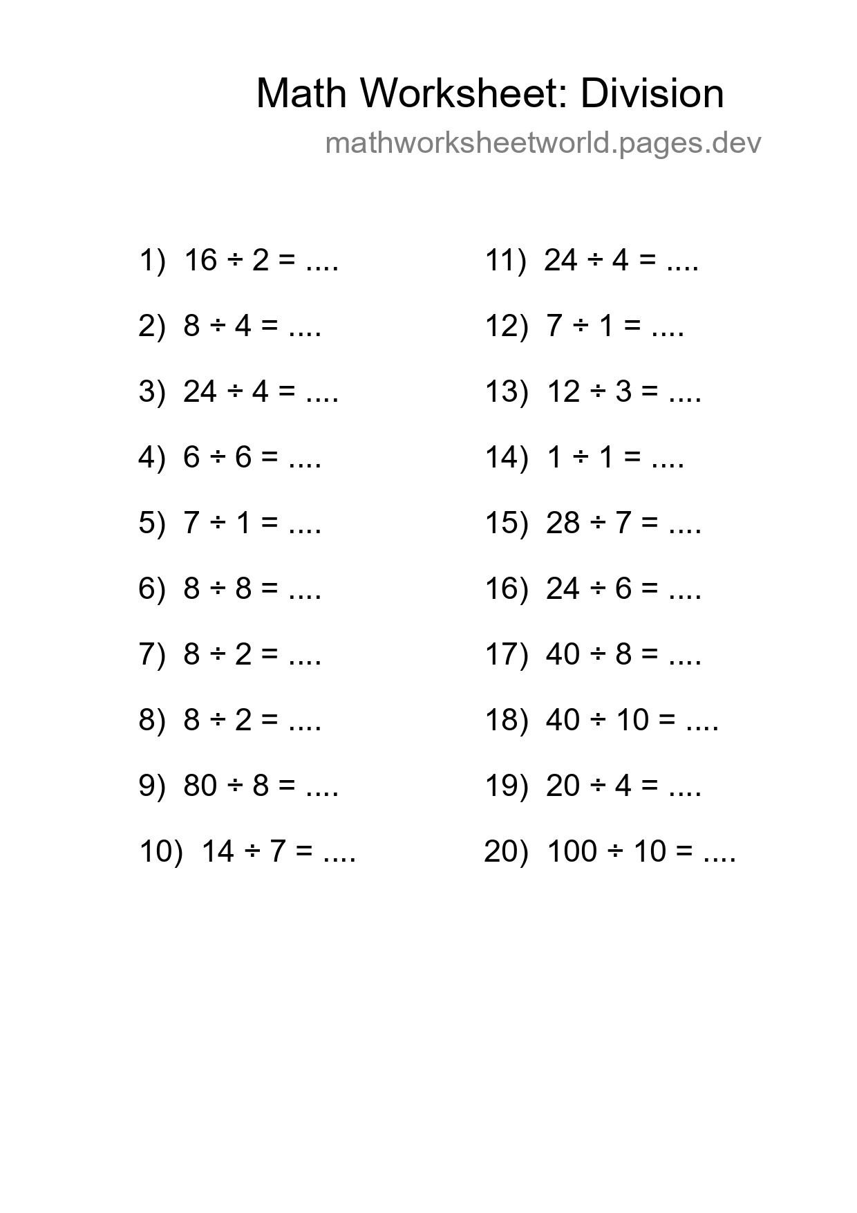 Free 20 Division Math Worksheet For Grade 1 With Answers - Part 54