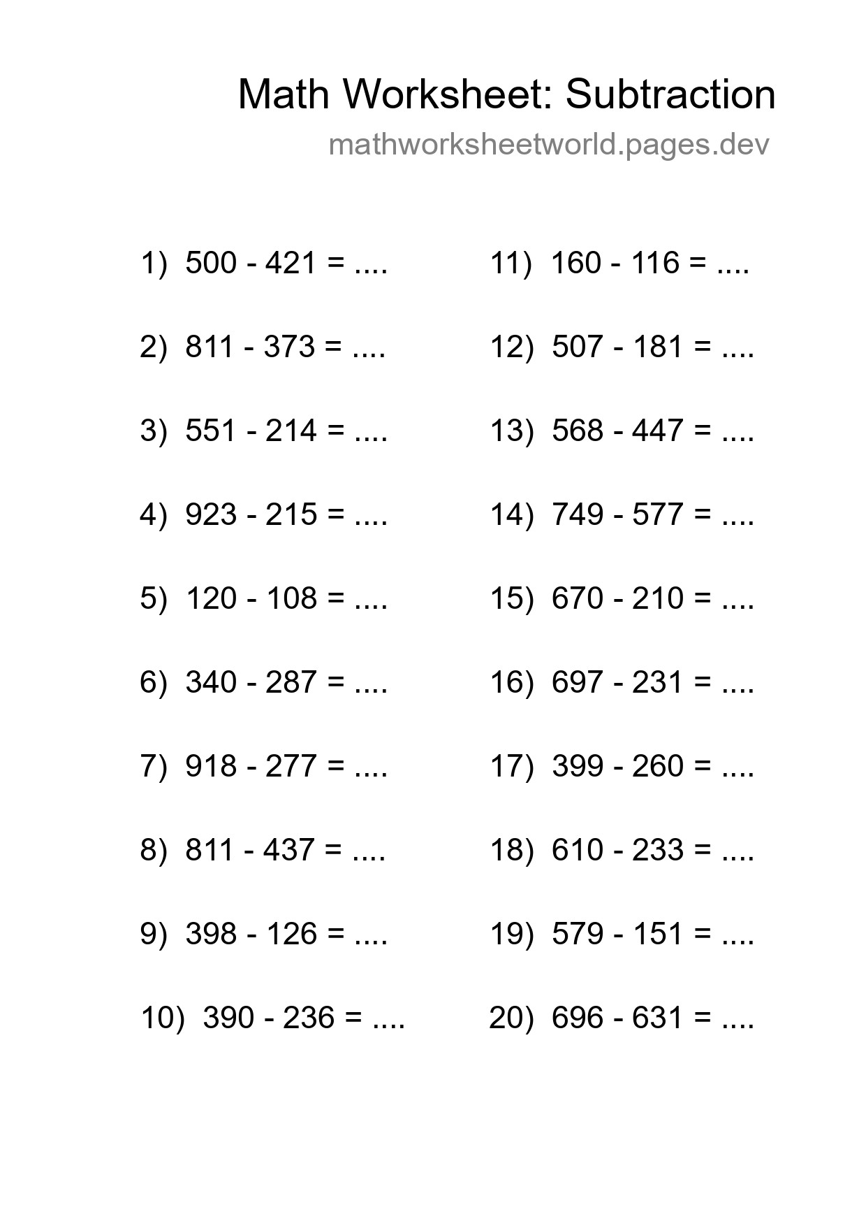 Free 20 Subtraction Math Worksheet For Grade 5 With Answers - Part 98