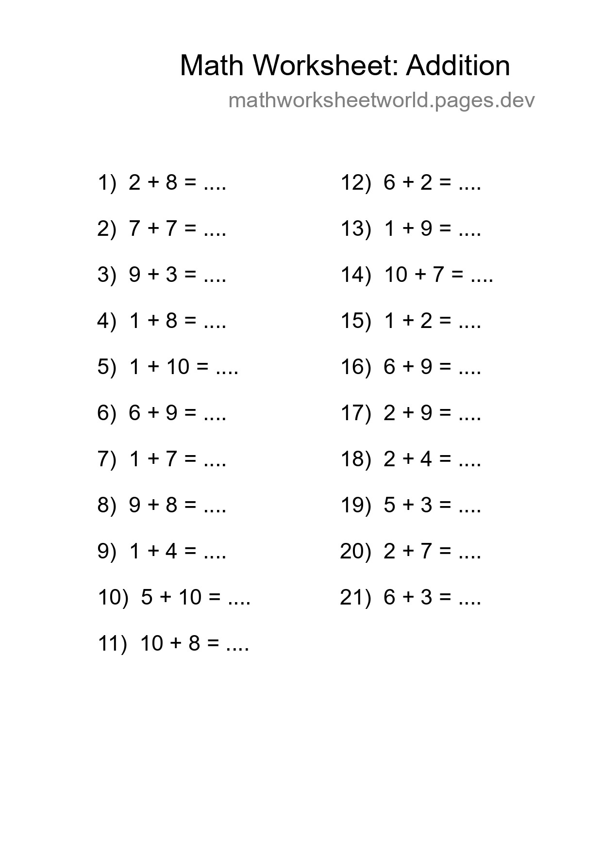 Free 21 Addition Math Worksheet For Grade 1 With Answers - Part 291