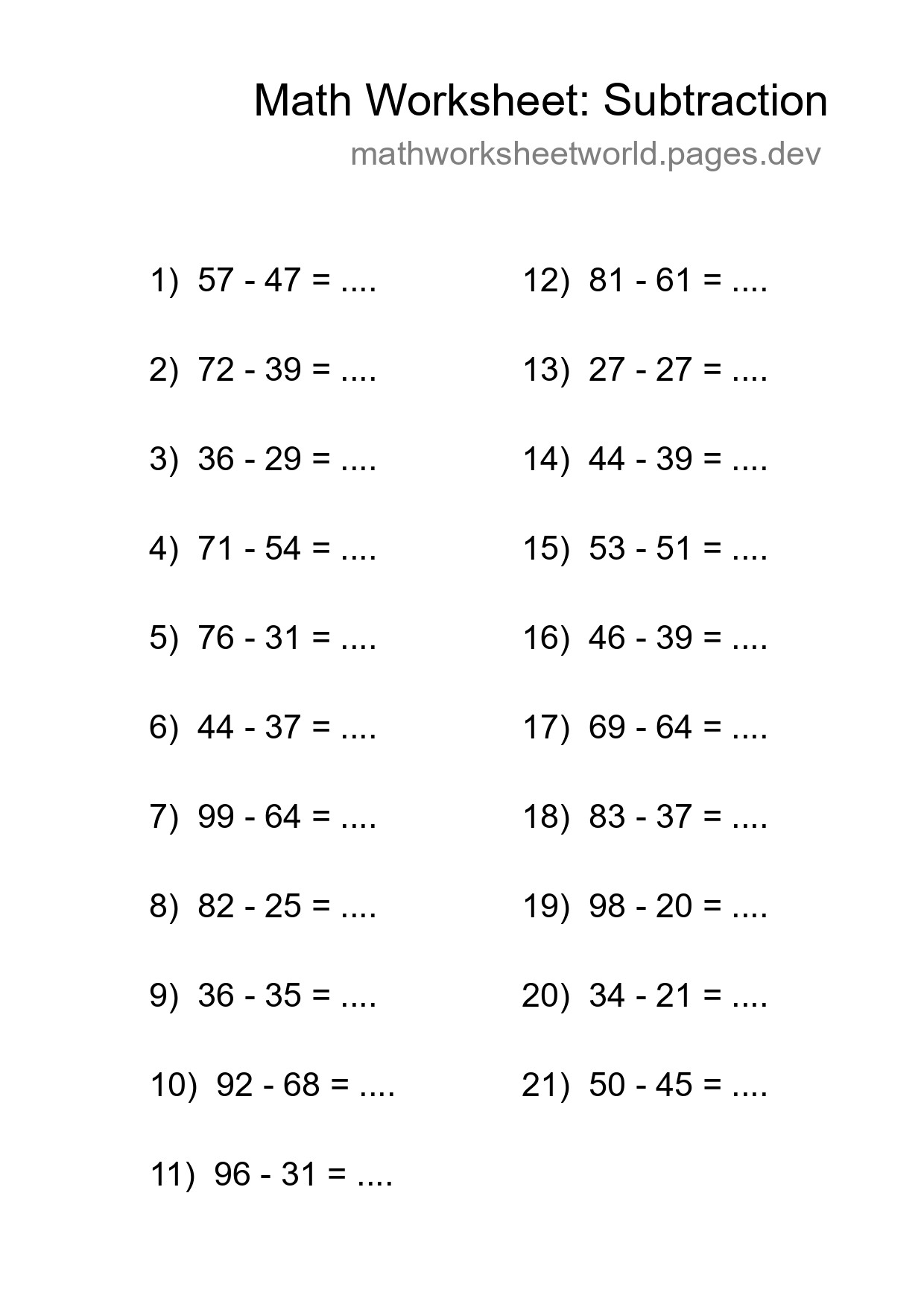Free 21 Subtraction Math Worksheet For Grade 3 With Answers - Part 198