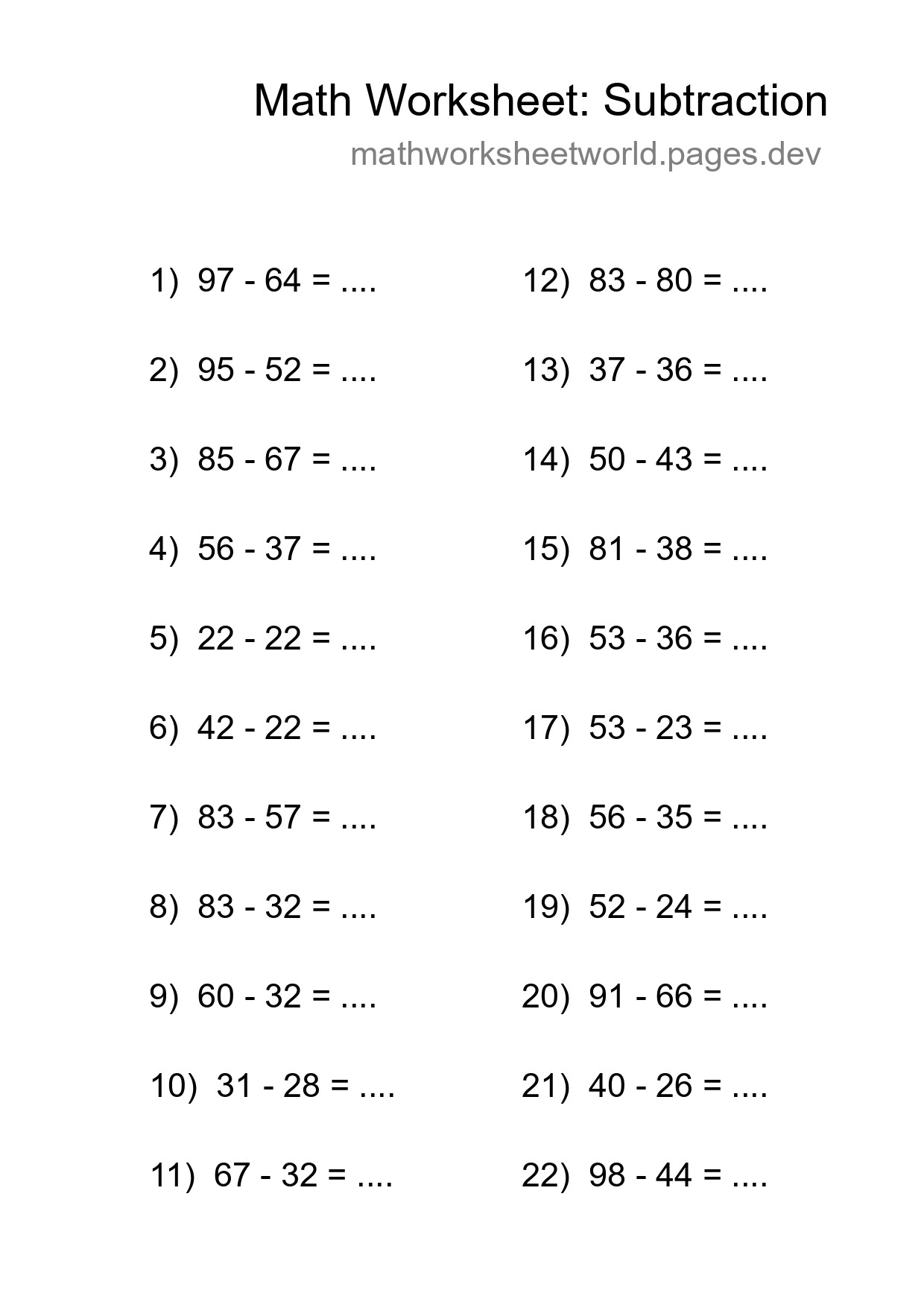 Free 22 Subtraction Math Worksheet For Grade 3 - Part 158