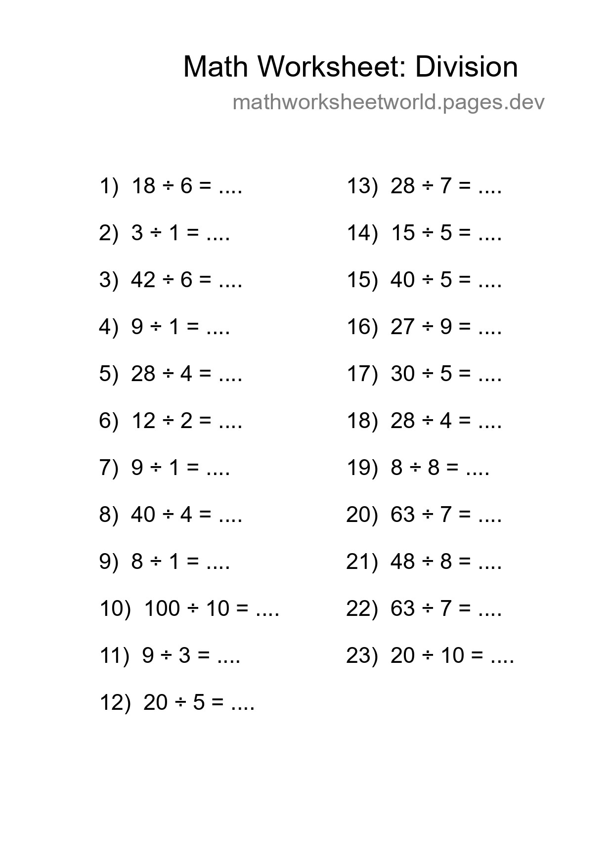 Free 23 Division Math Worksheet For Grade 1 With Answers - Part 164