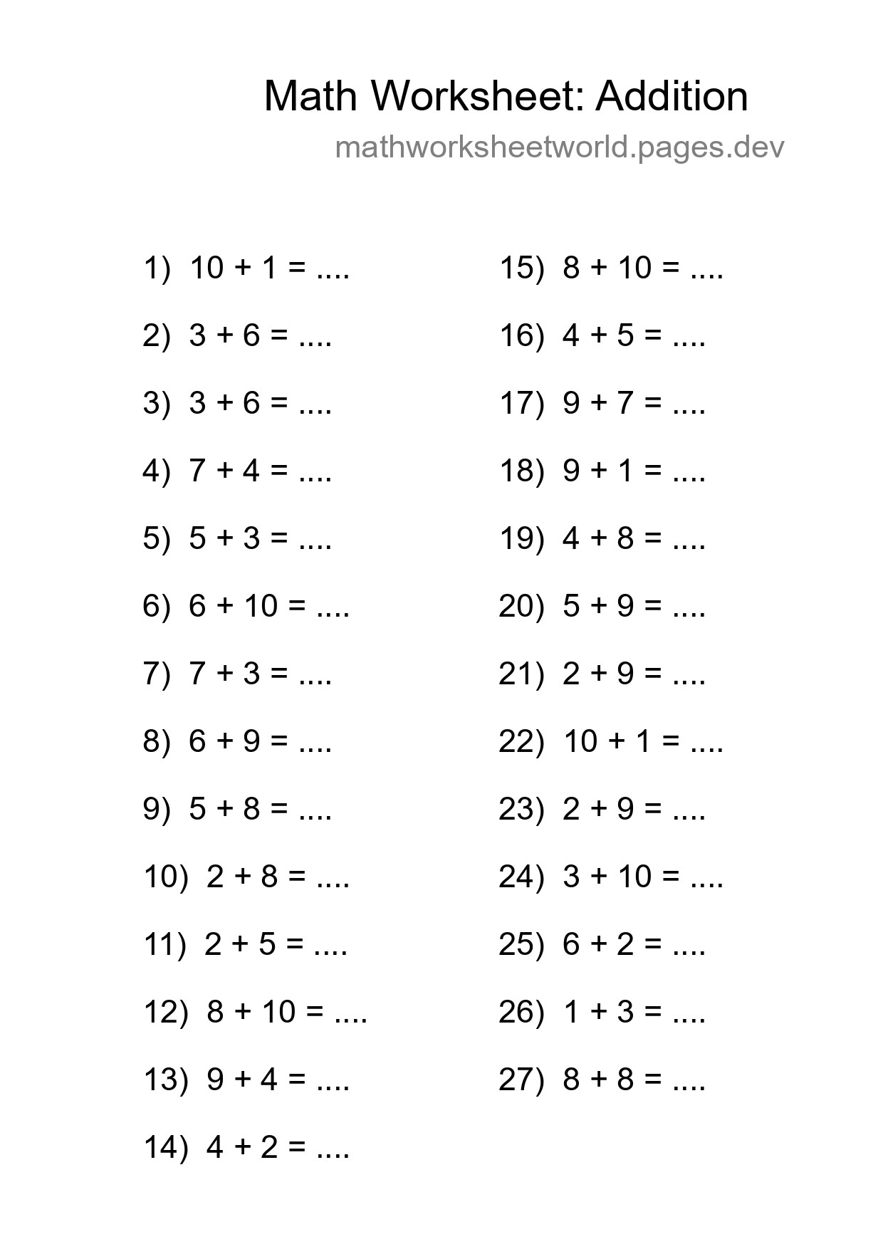 Free 27 Addition Math Worksheet For Grade 1 With Answers - Part 161