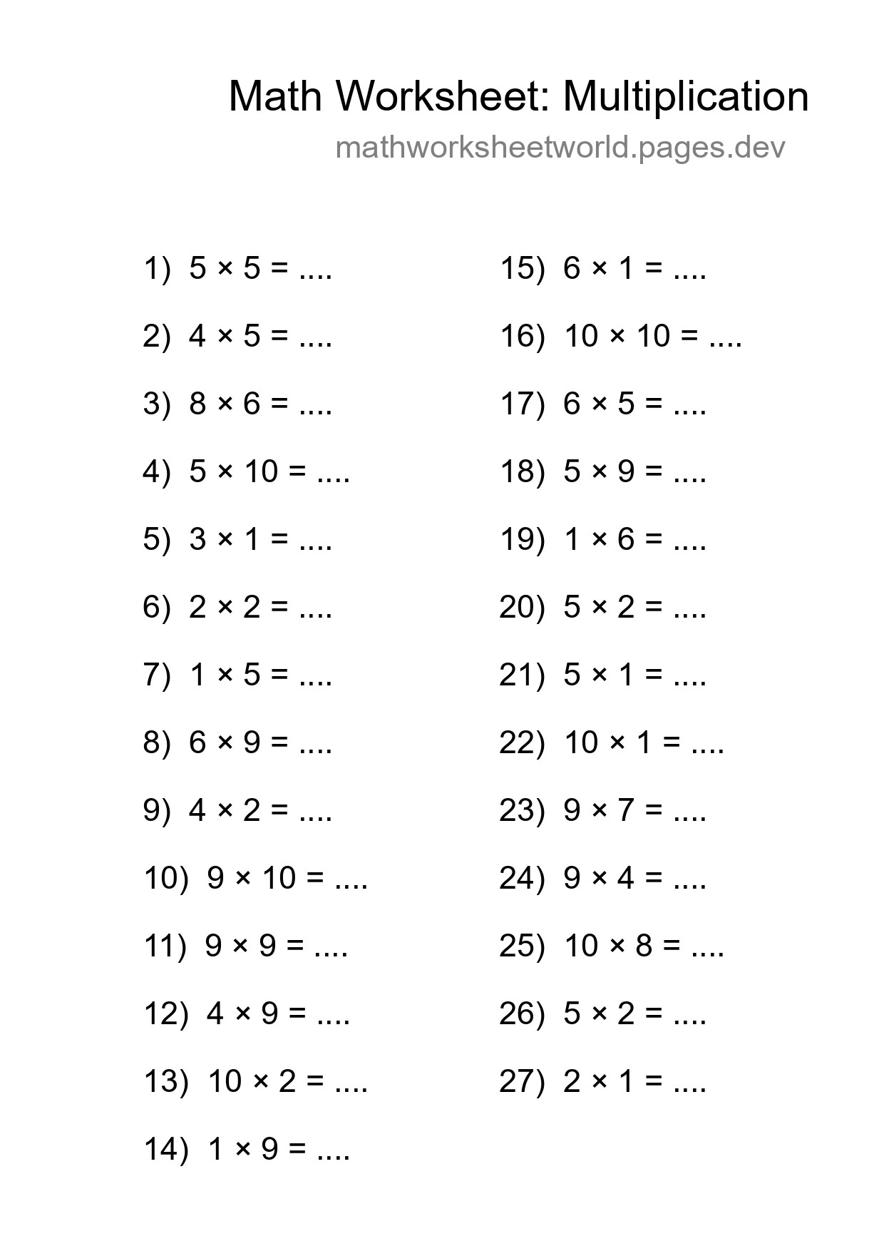 Free 27 Multiplication Math Worksheet For Grade 1 - Part 207