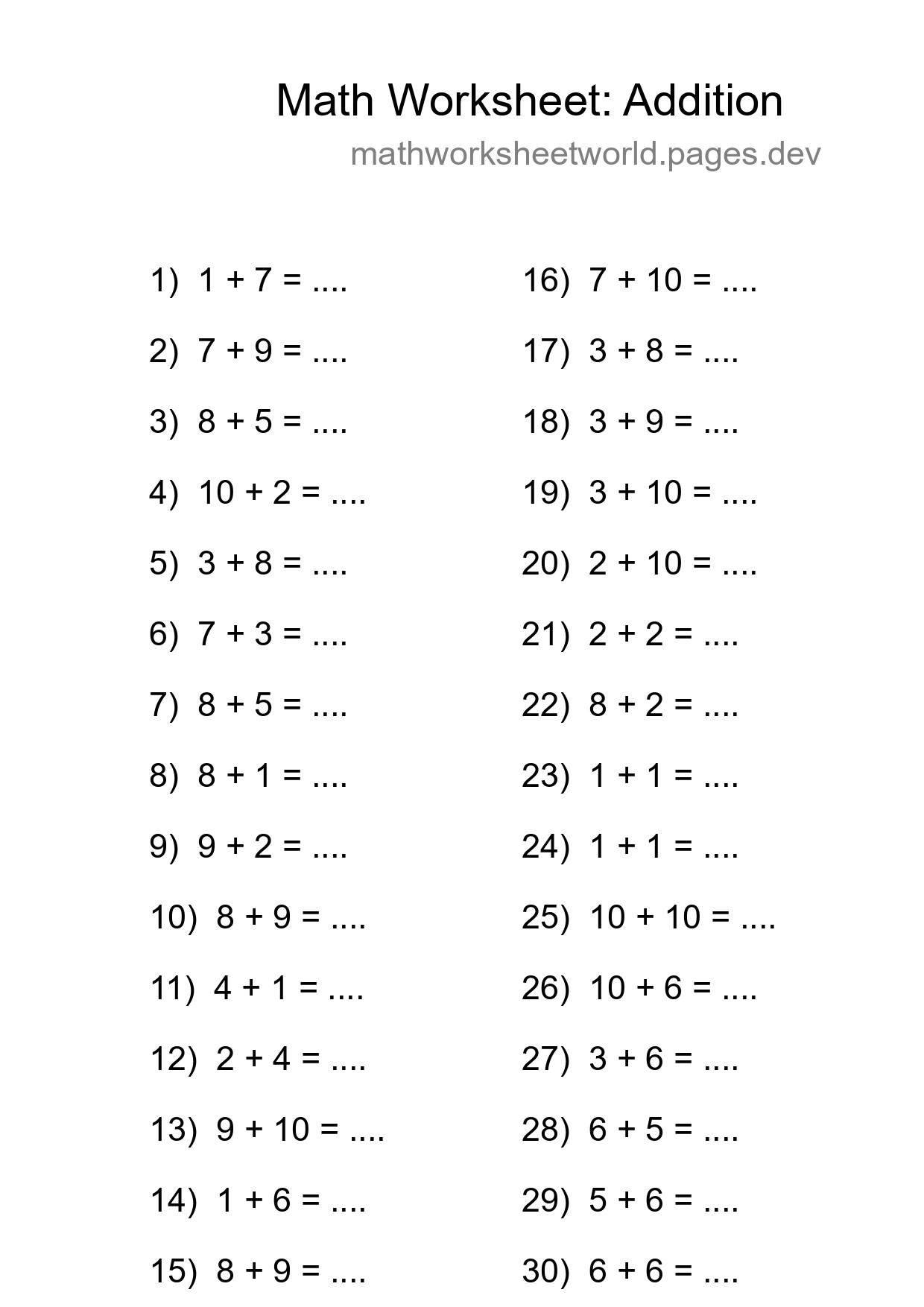 Free 30 Addition Math Worksheet For Grade 1 - Part 231