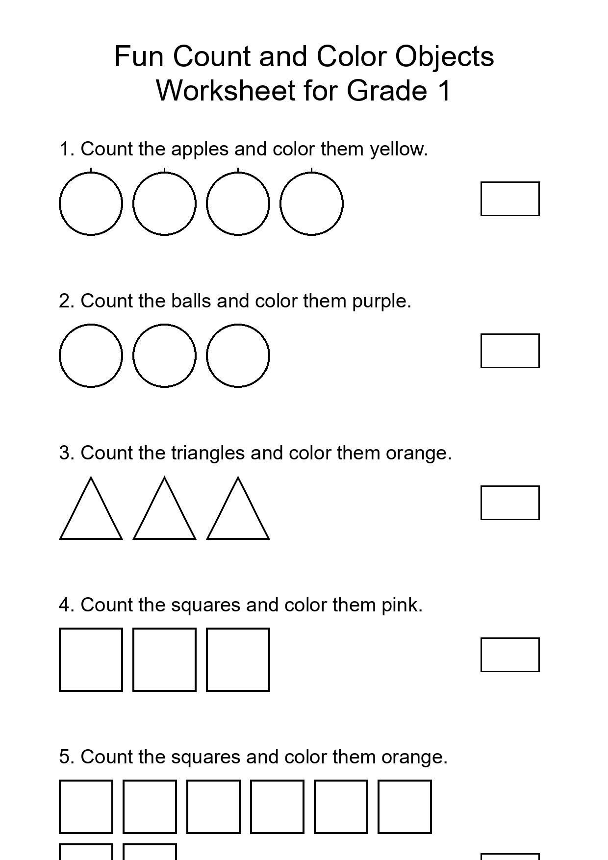 Fun Count and Color Objects Worksheet for Grade 1