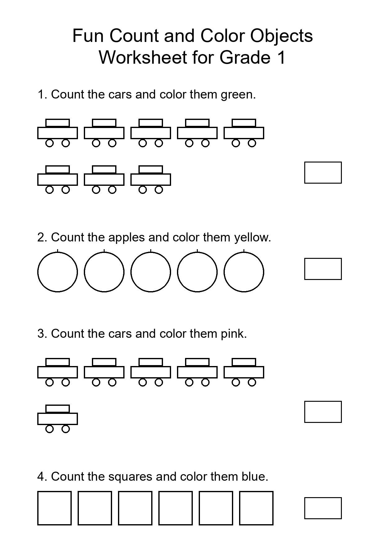 Fun Count and Color Objects Worksheet for Grade 1