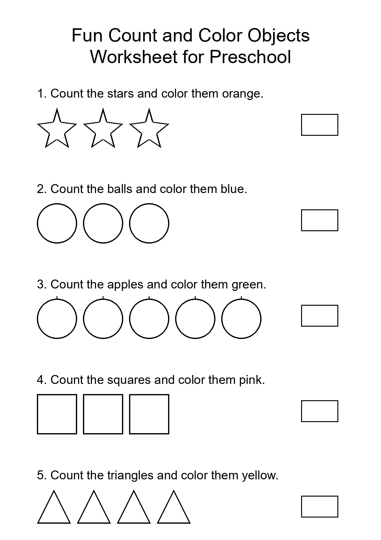 Fun Count and Color Objects Worksheet for Preschool