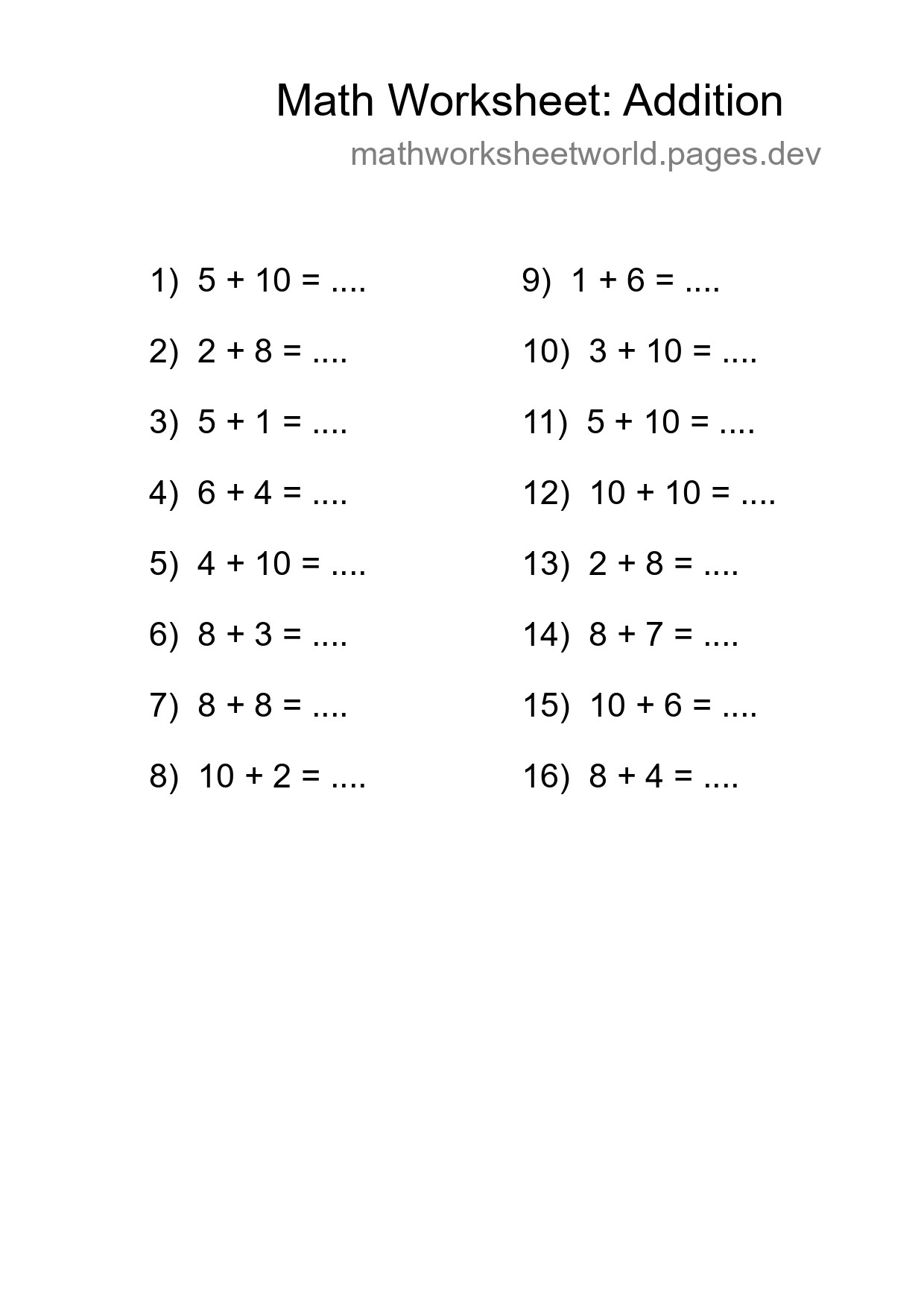 Grade 1 Addition Practice Worksheet (16 Problems) - Part 71
