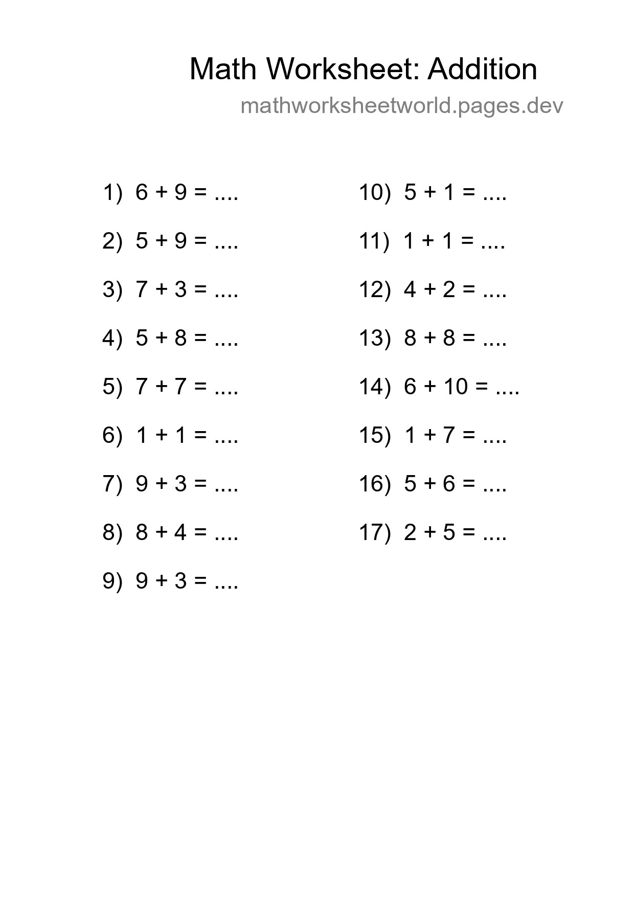 Grade 1 Addition Practice Worksheet (17 Problems) - Part 271