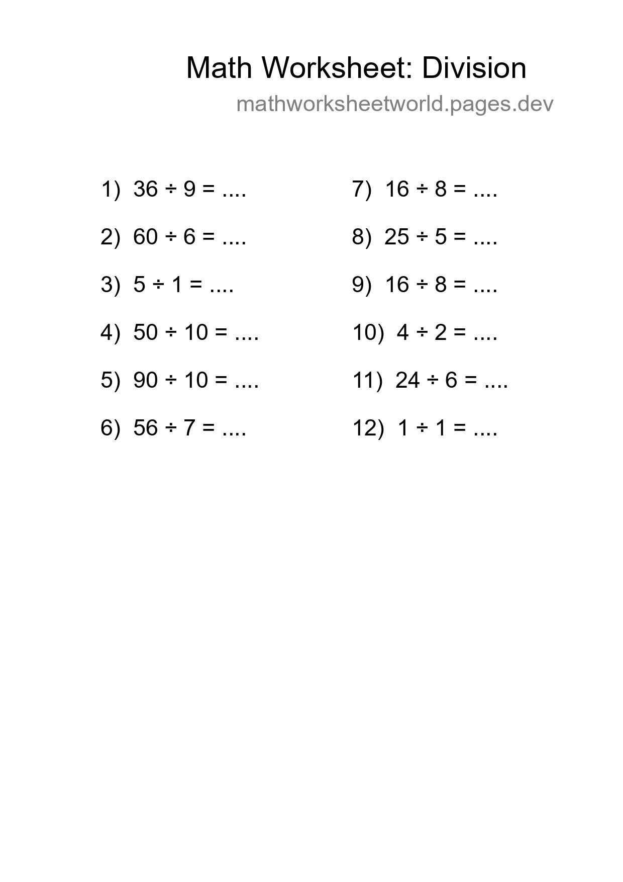 Grade 1 Division Practice Worksheet (12 Problems) - Part 264