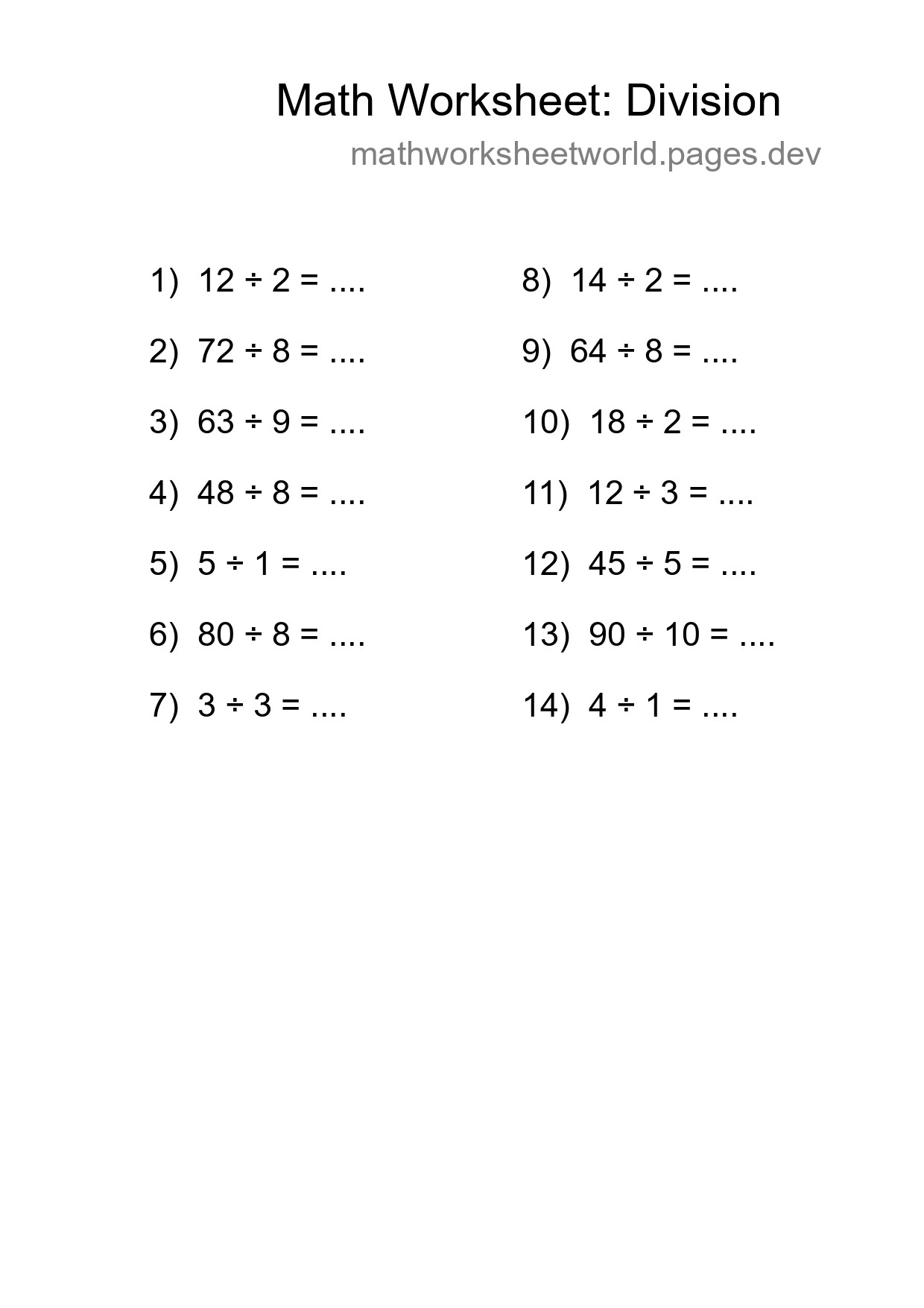 Grade 1 Division Practice Worksheet (14 Problems) - Part 114