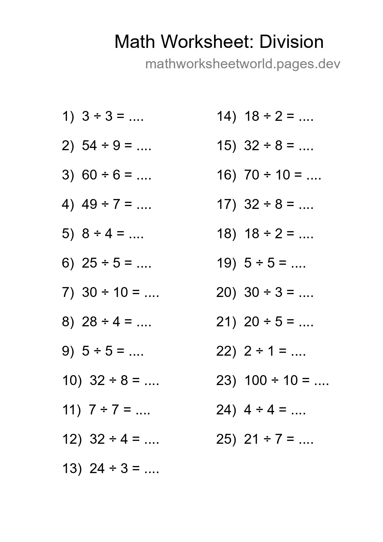 Grade 1 Division Practice Worksheet (25 Problems) - Part 24