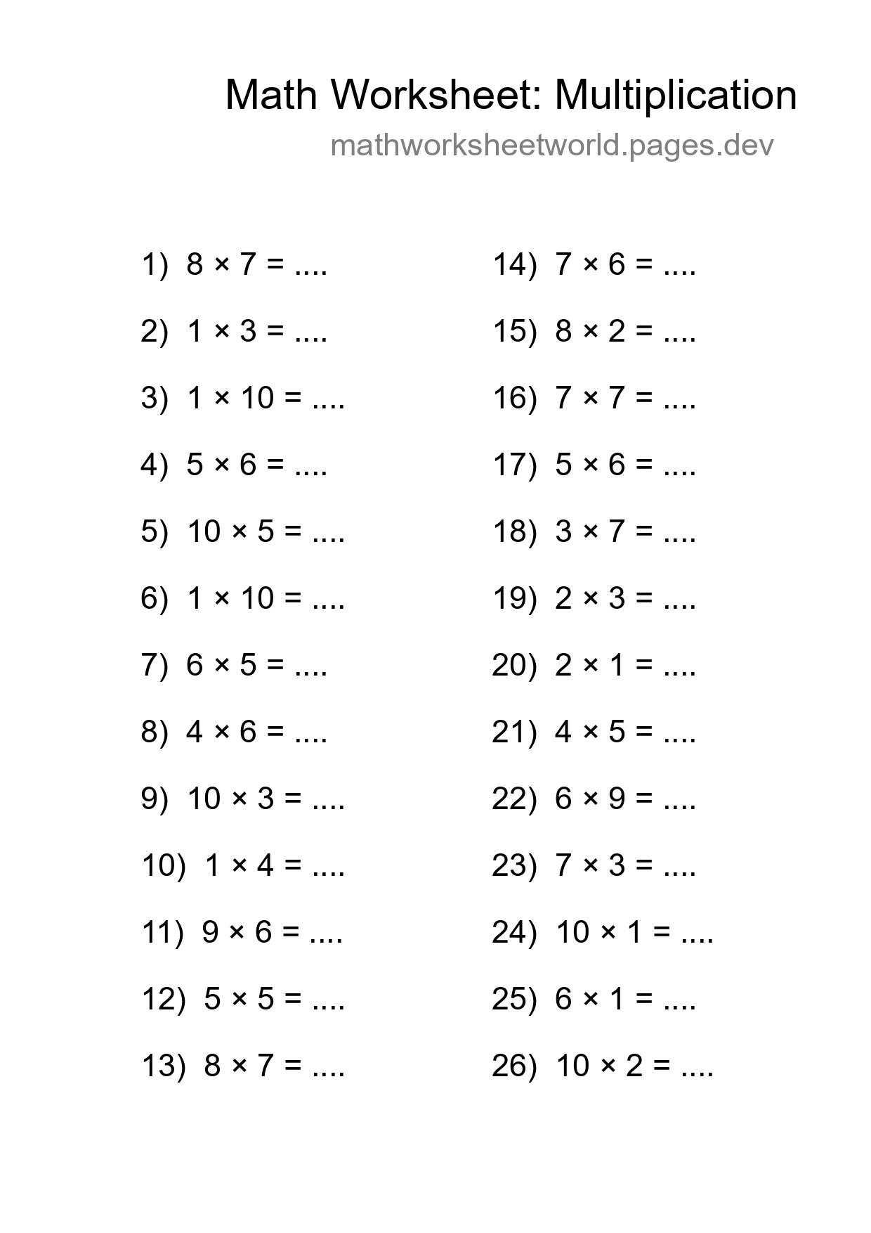 Grade 1 Multiplication Practice Worksheet (26 Problems) - Part 257