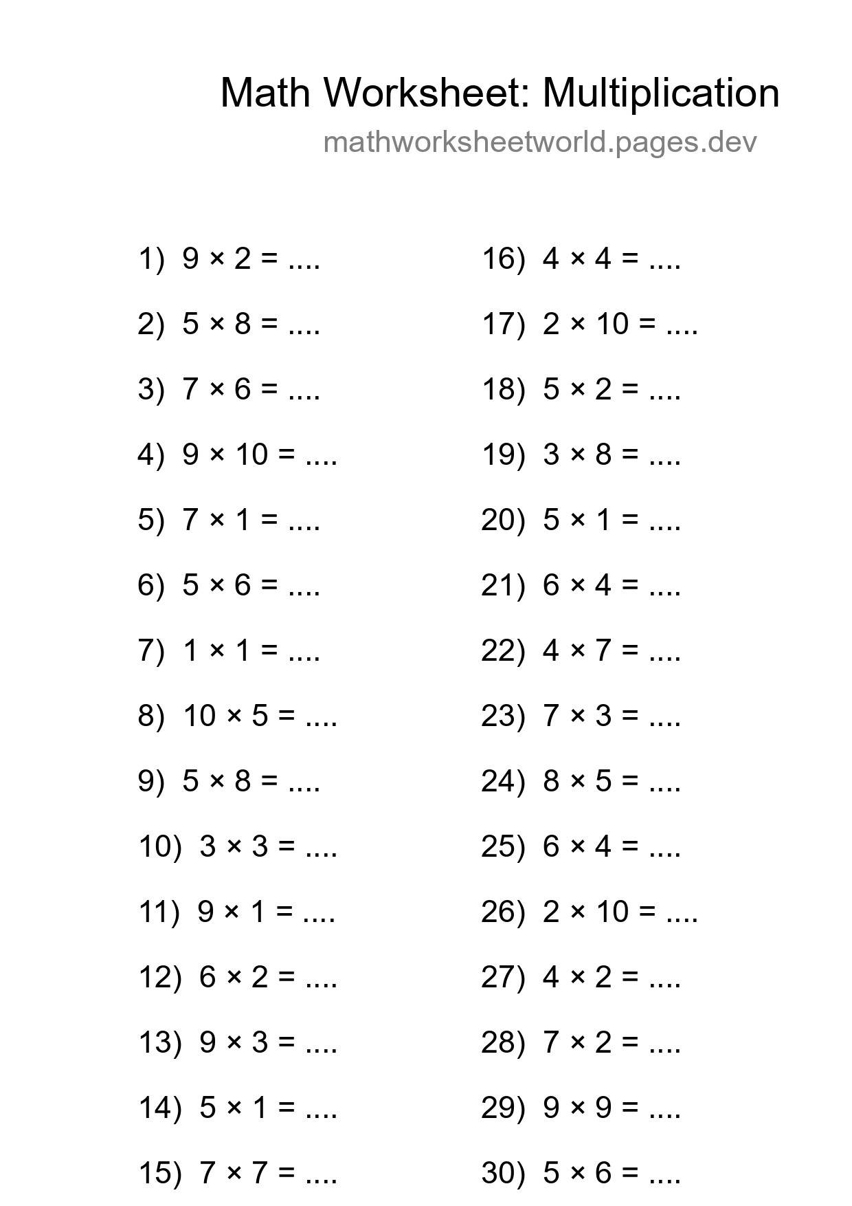Grade 1 Multiplication Practice Worksheet (30 Problems) - Part 217
