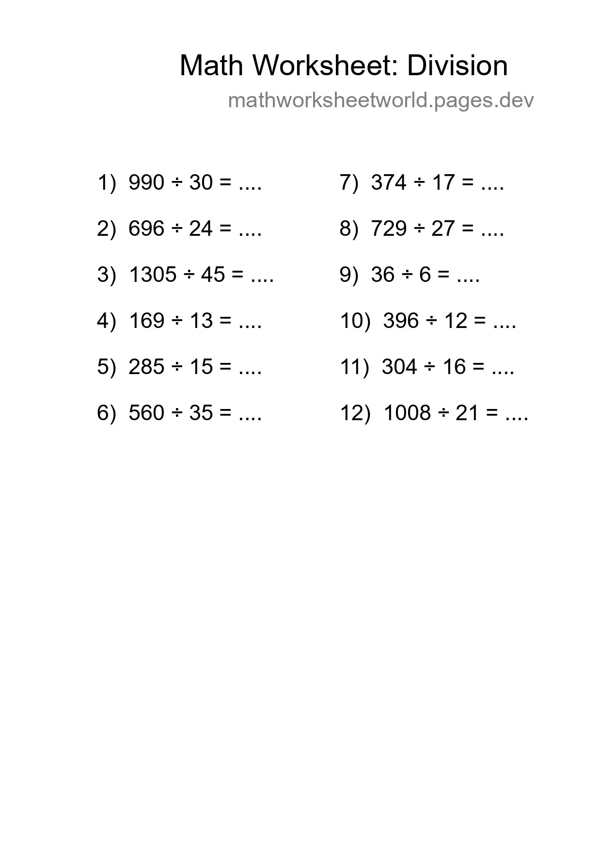 Grade 2 Division Practice Worksheet (12 Problems) - Part 4