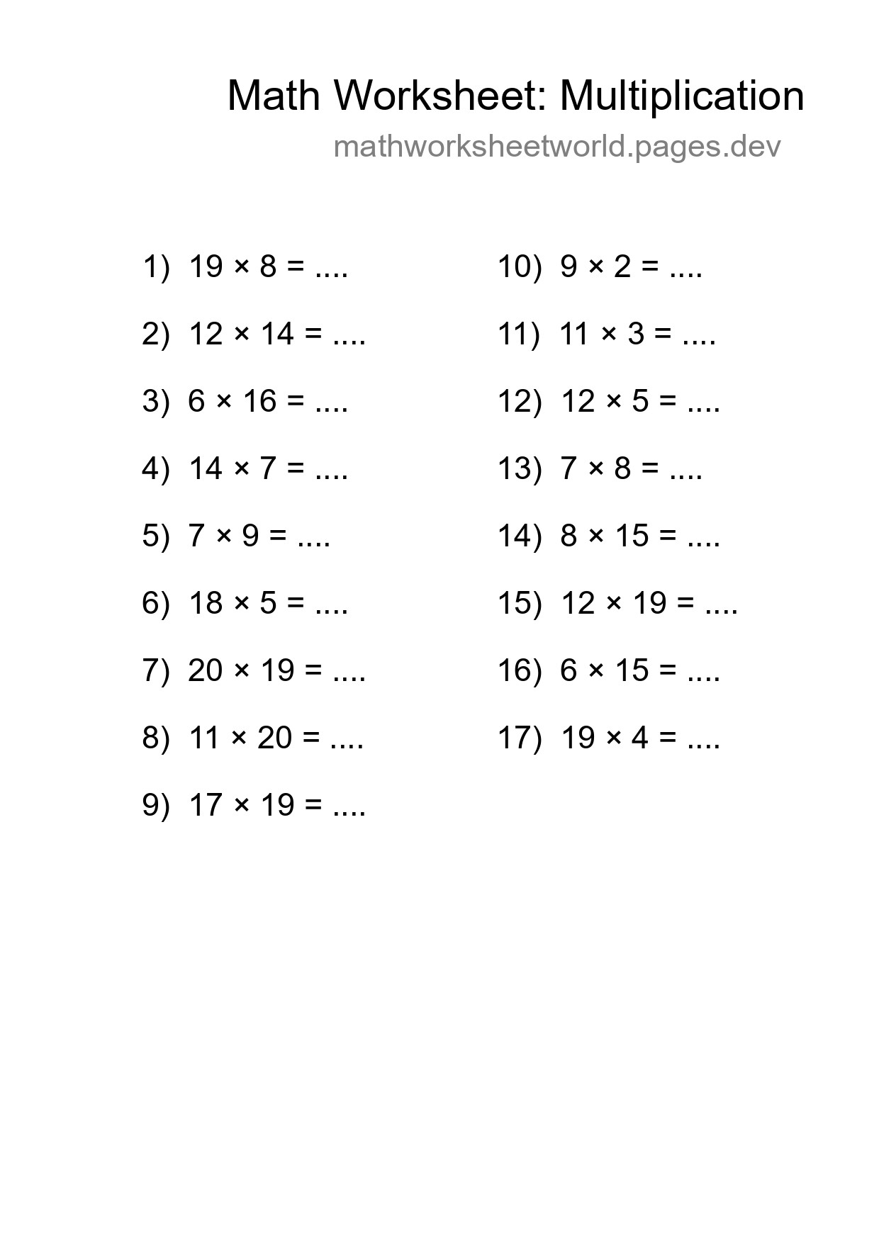 Grade 2 Multiplication Practice Worksheet (17 Problems) - Part 47