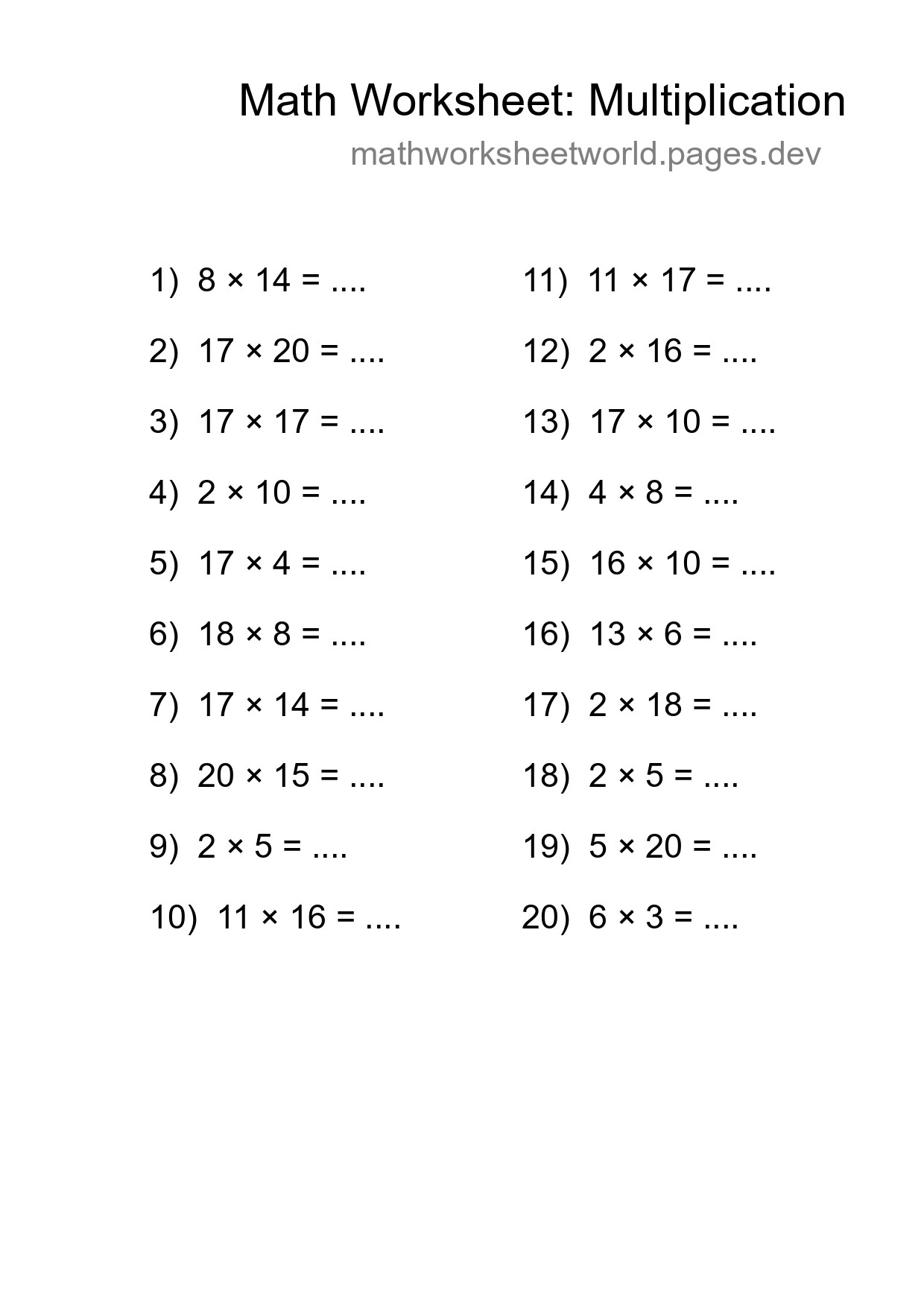 Grade 2 Multiplication Practice Worksheet (20 Problems) - Part 227