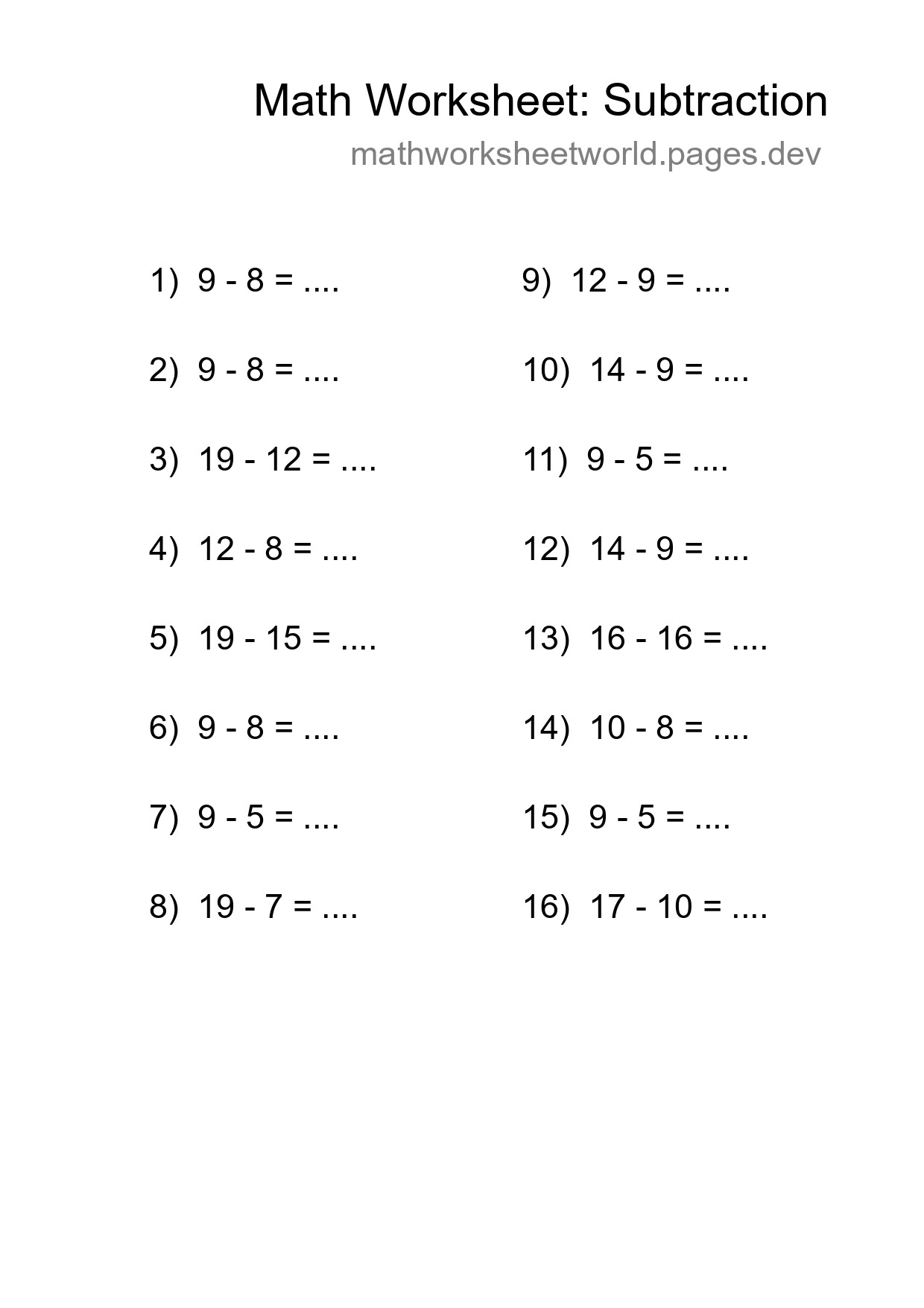 Grade 2 Subtraction Practice Worksheet (16 Problems) - Part 298