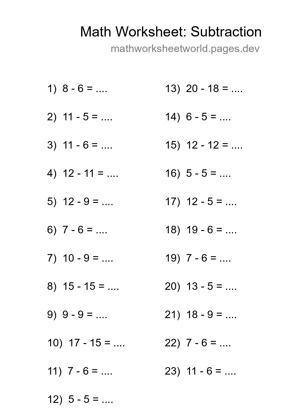 Grade 2 Subtraction Practice Worksheet (23 Problems) - Part 38
