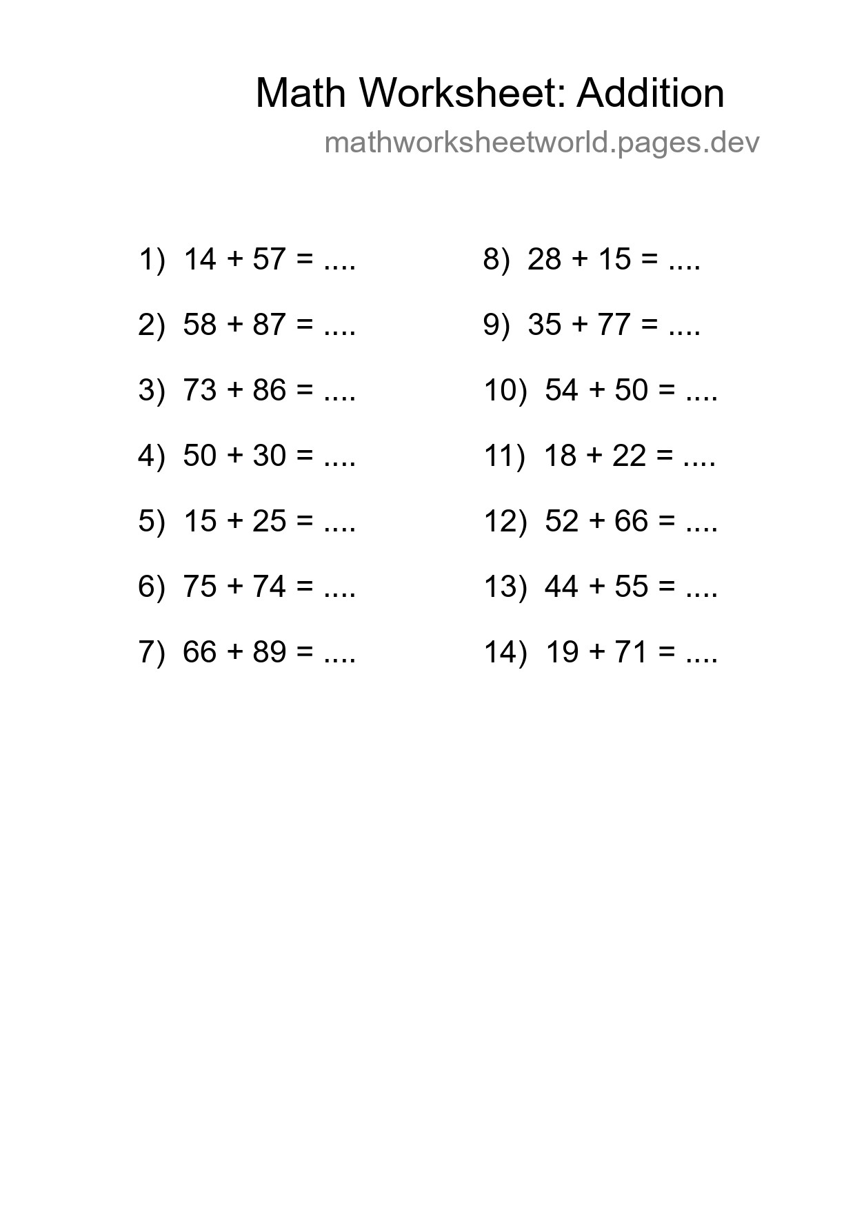Grade 3 Addition Practice Worksheet (14 Problems) - Part 201
