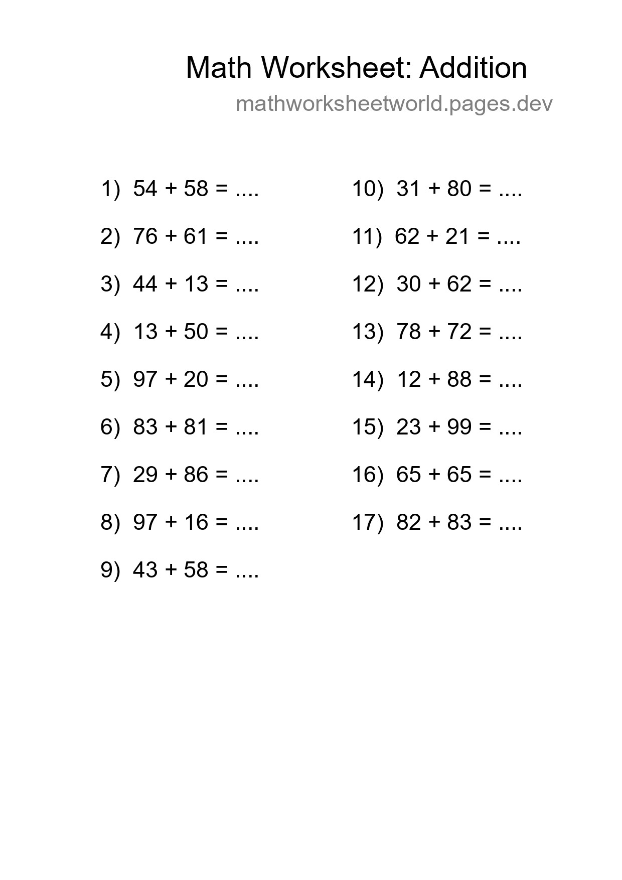 Grade 3 Addition Practice Worksheet (17 Problems) - Part 21