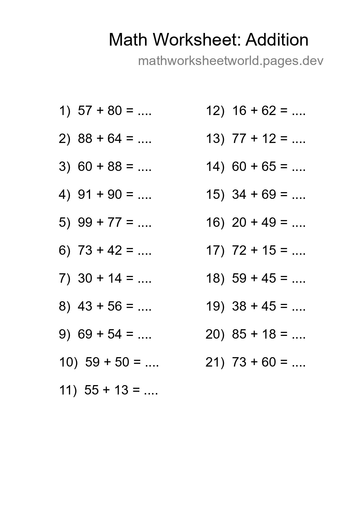 Grade 3 Addition Practice Worksheet (21 Problems) - Part 191