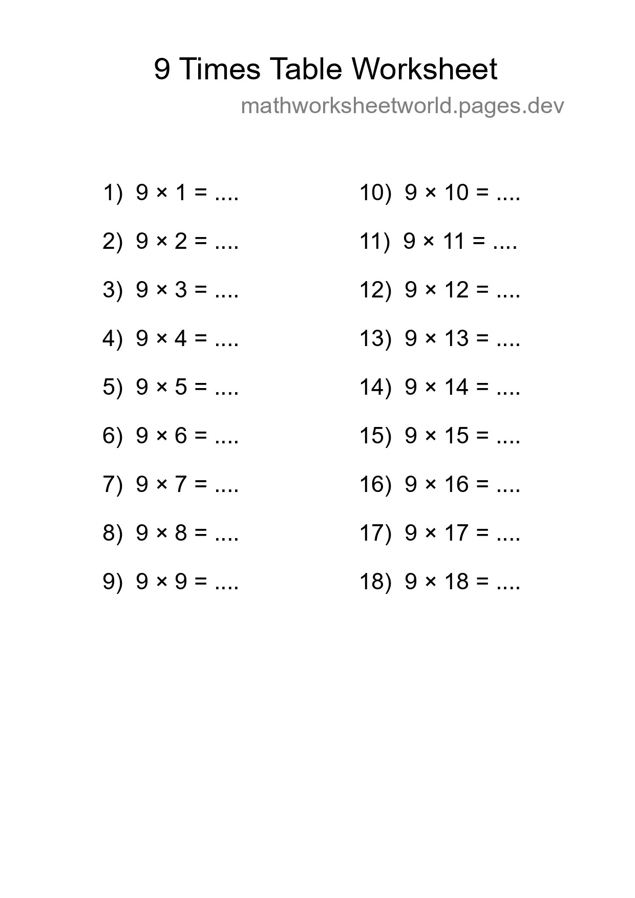 Grade 3 Multiplication Table 9 Practice - Part 59