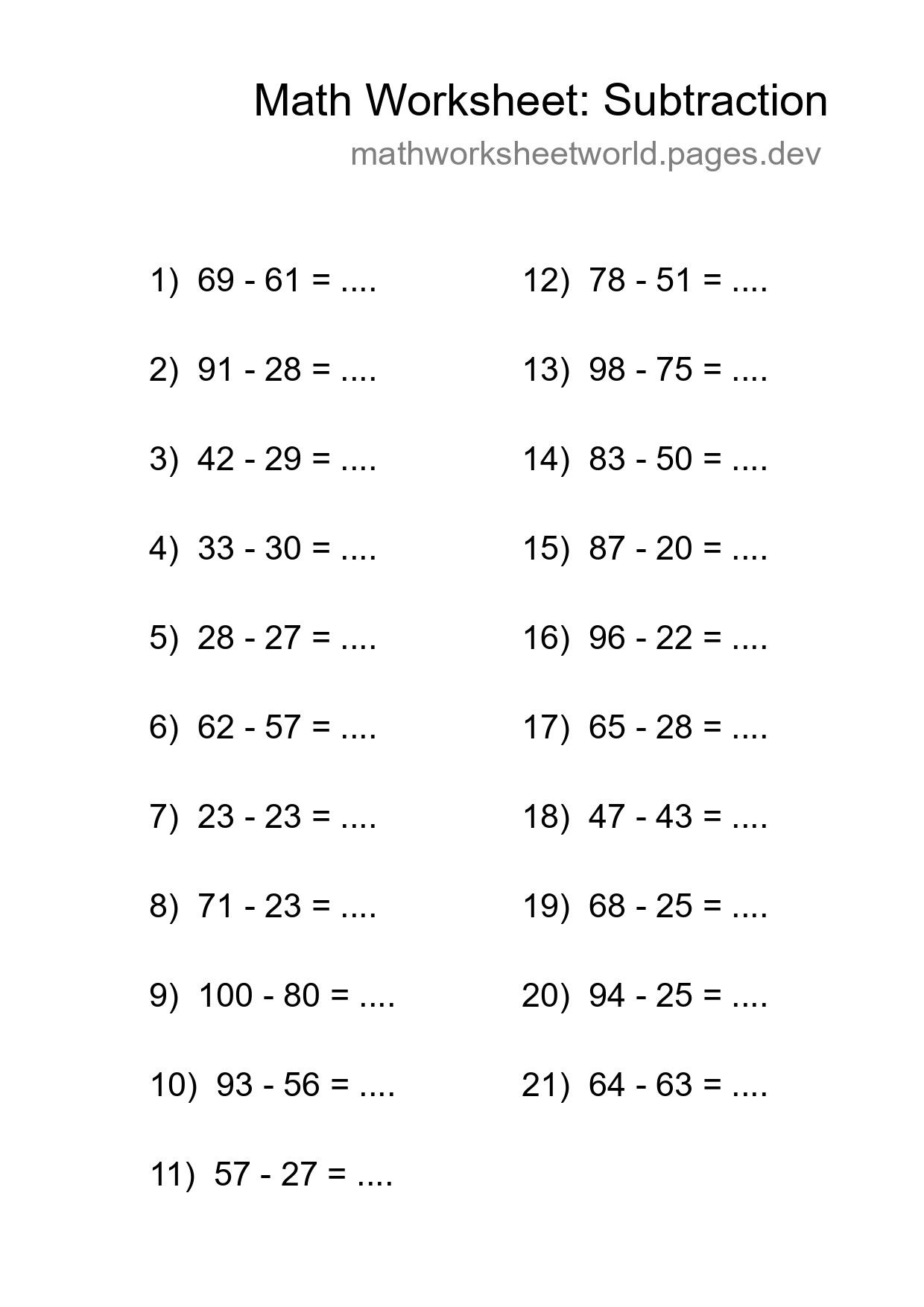 Grade 3 Subtraction Practice Worksheet (21 Problems) - Part 268