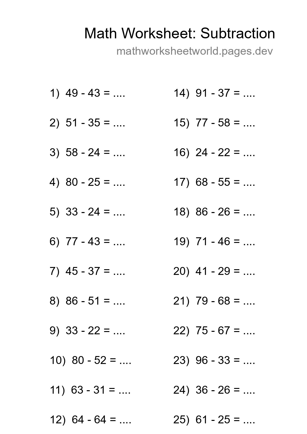 Grade 3 Subtraction Practice Worksheet (25 Problems) - Part 48
