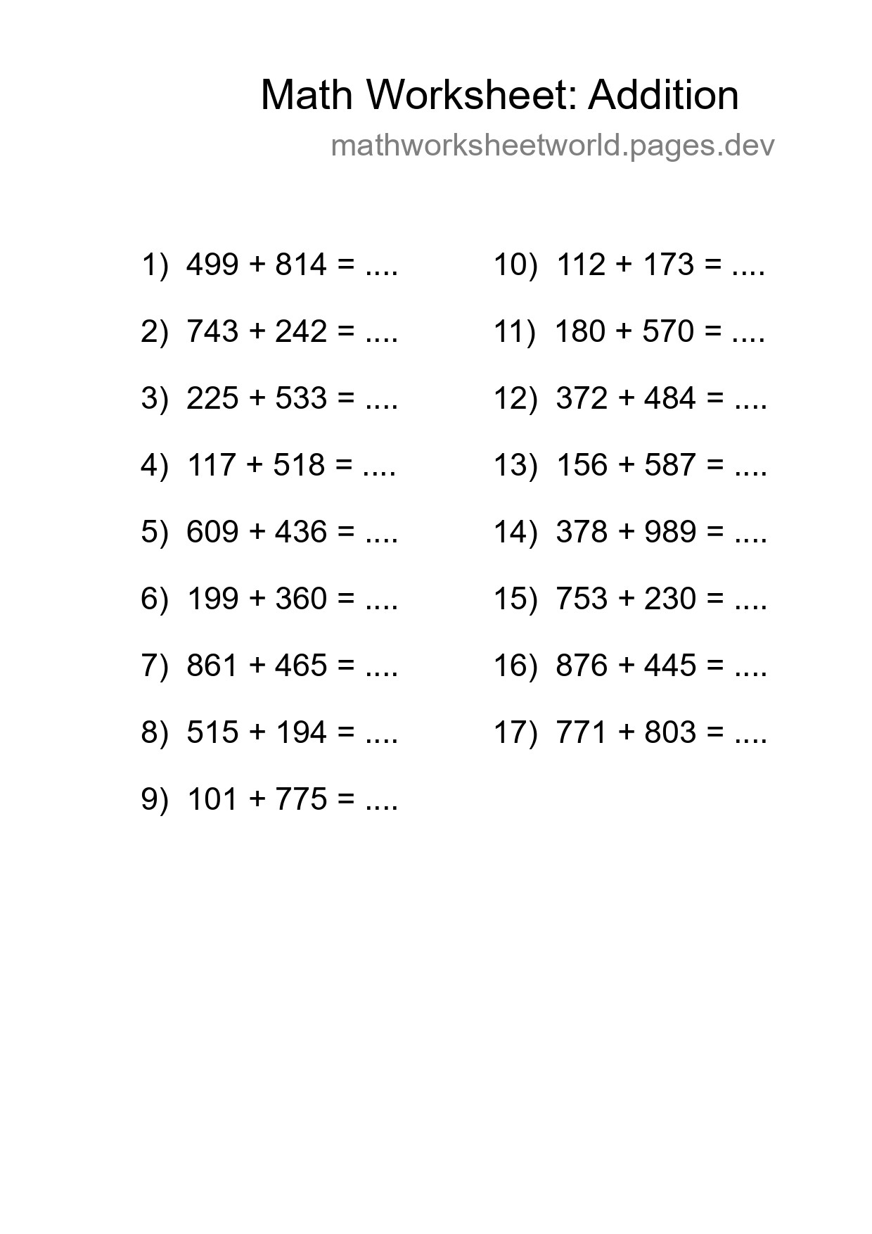 Grade 5 Addition Practice Worksheet (17 Problems) - Part 241