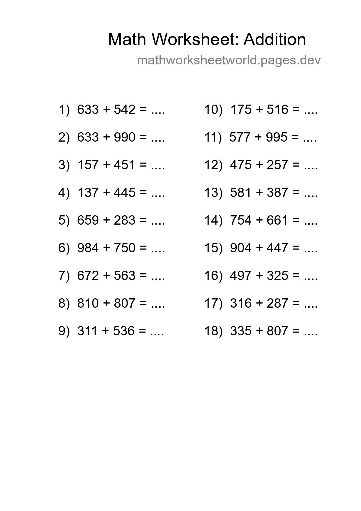 Grade 5 Addition Practice Worksheet (18 Problems) - Part 281