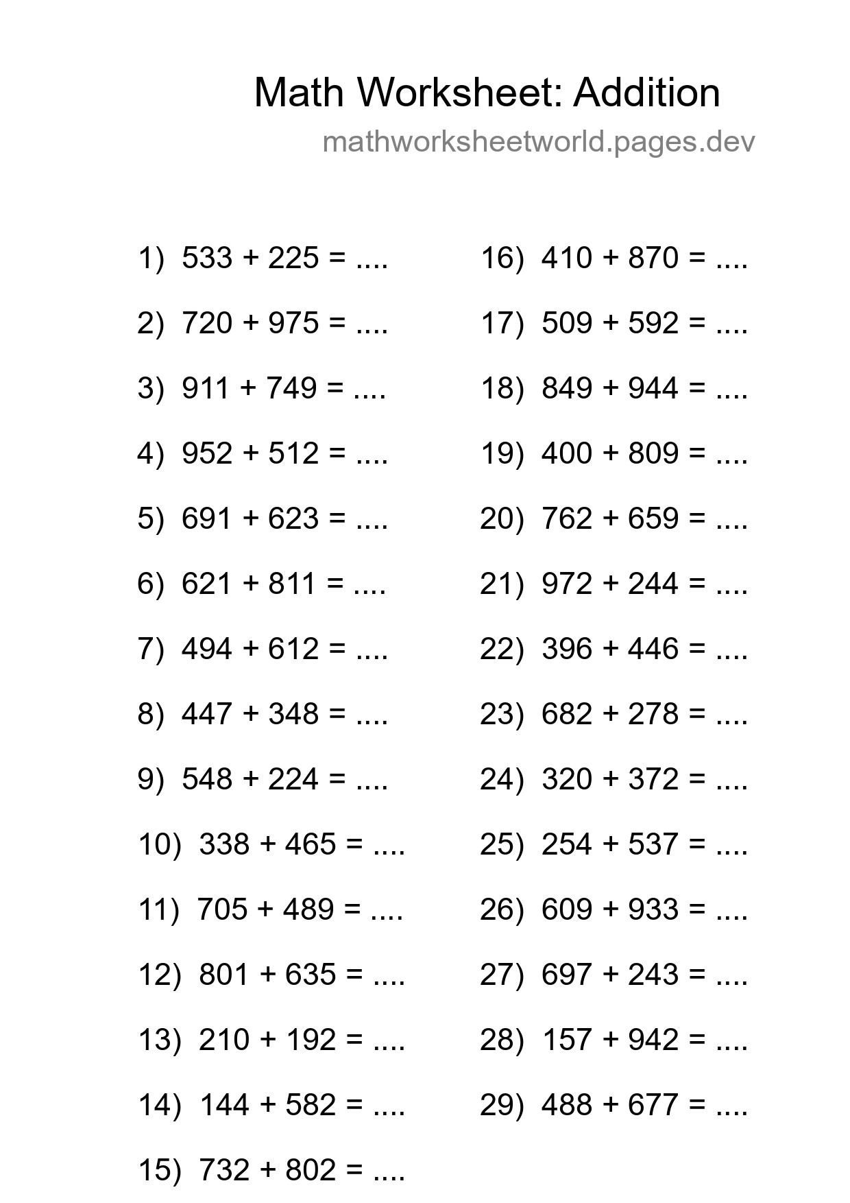 Grade 5 Addition Practice Worksheet (29 Problems) - Part 31