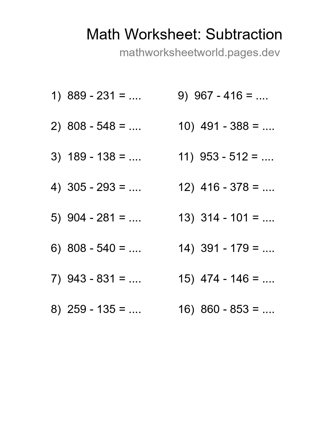Grade 5 Subtraction Practice Worksheet (16 Problems) - Part 58