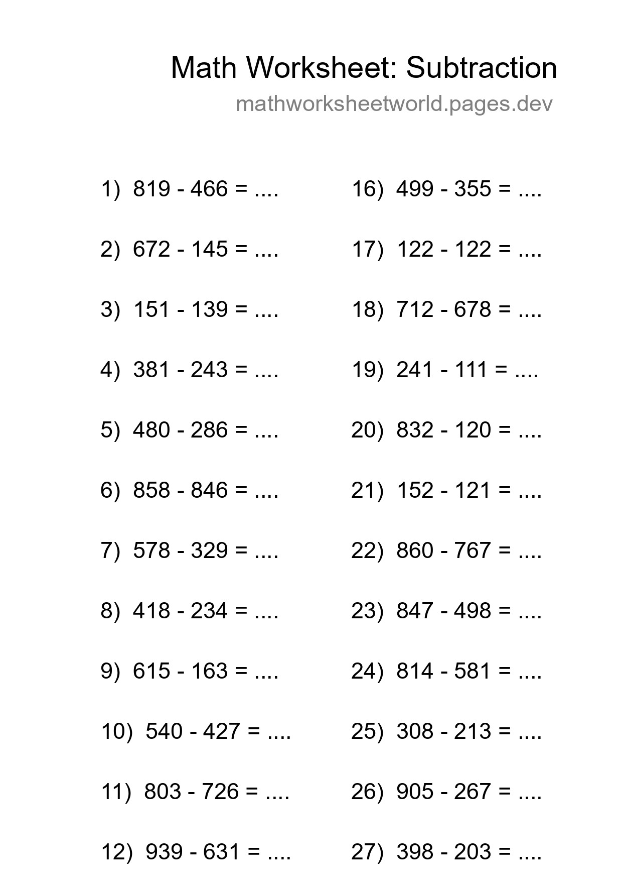 Grade 5 Subtraction Practice Worksheet (29 Problems) - Part 278