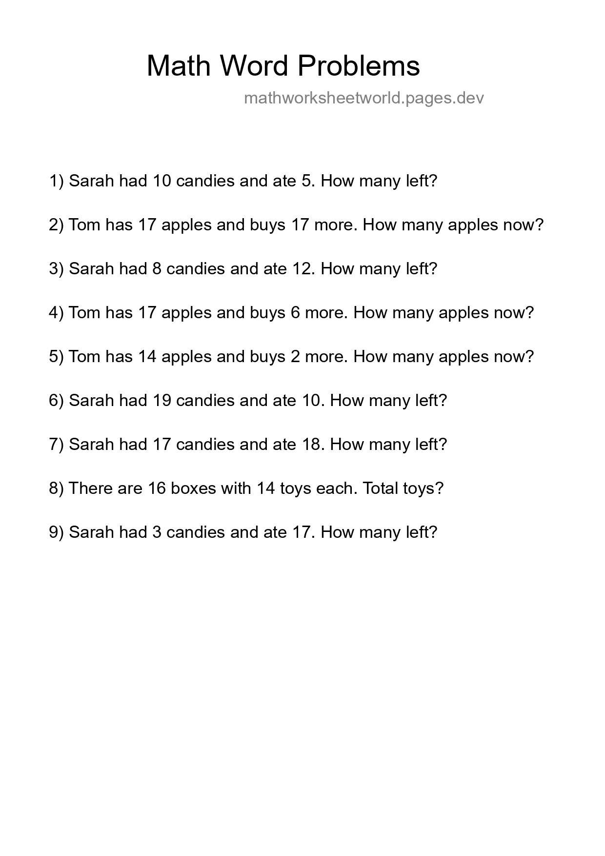 Math Word Problem Worksheet
